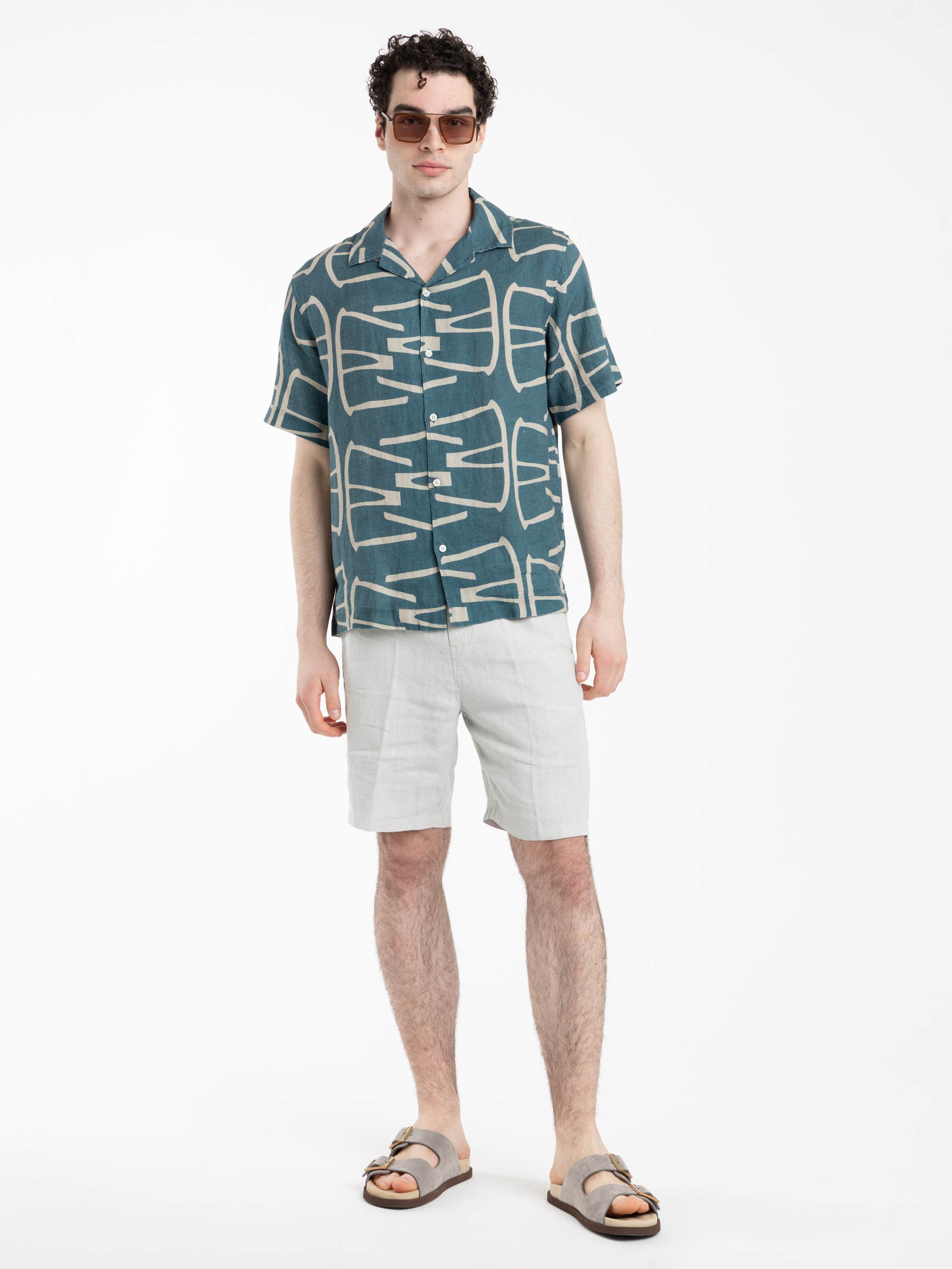 Blue Patterned Cuban Collar Linen Short Sleeve Shirt