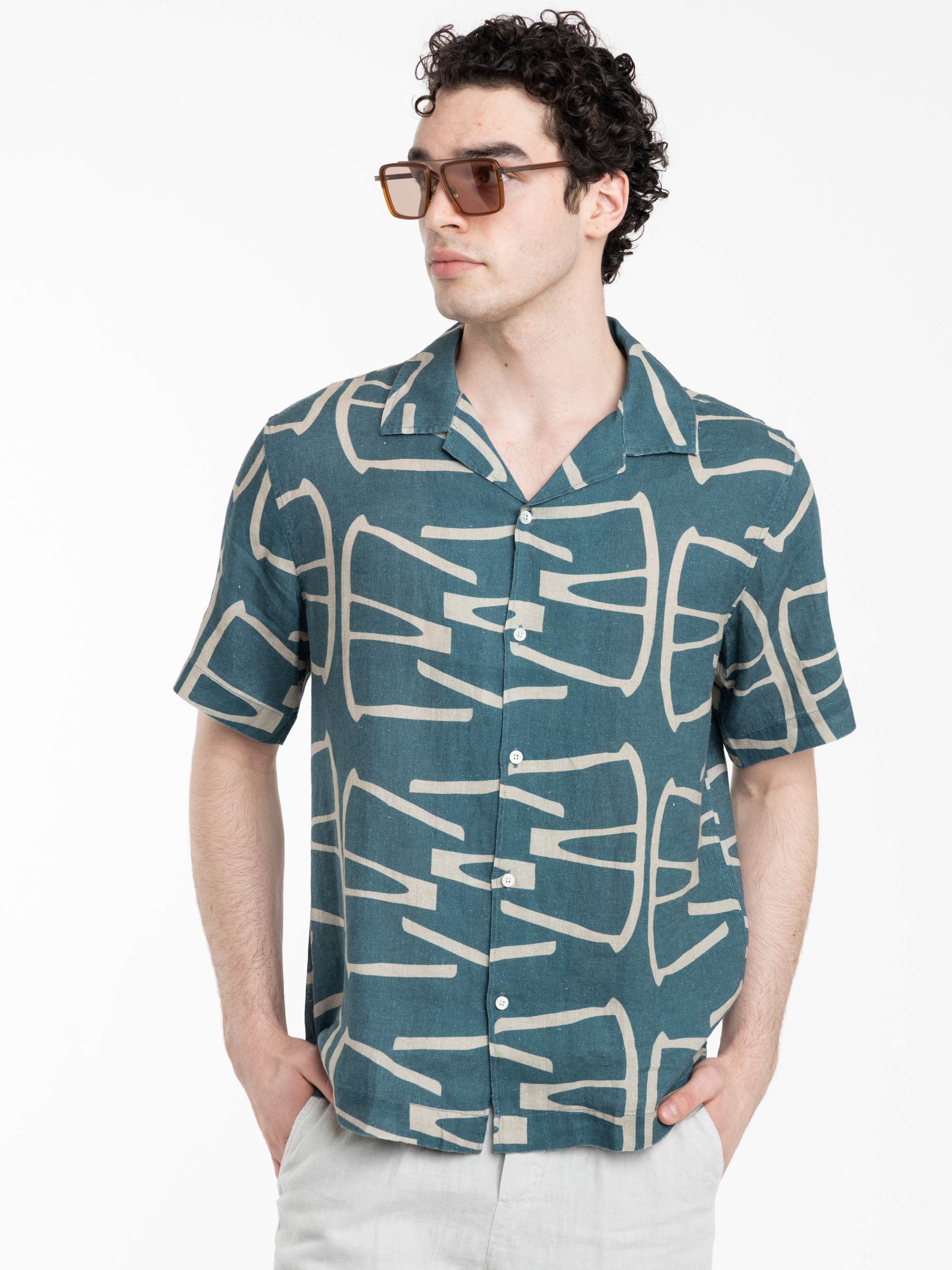 Blue Patterned Cuban Collar Linen Short Sleeve Shirt