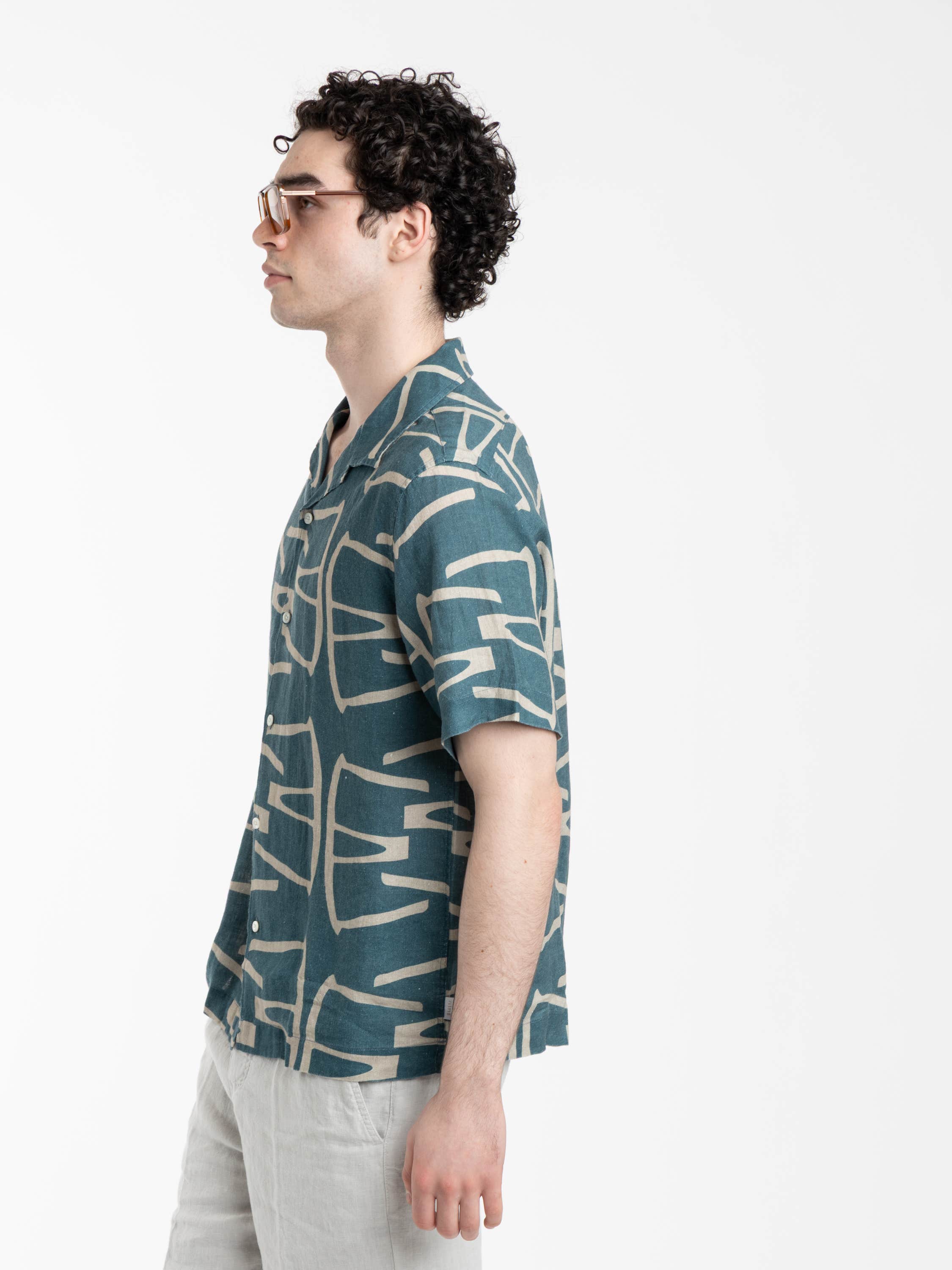 Blue Patterned Cuban Collar Linen Short Sleeve Shirt