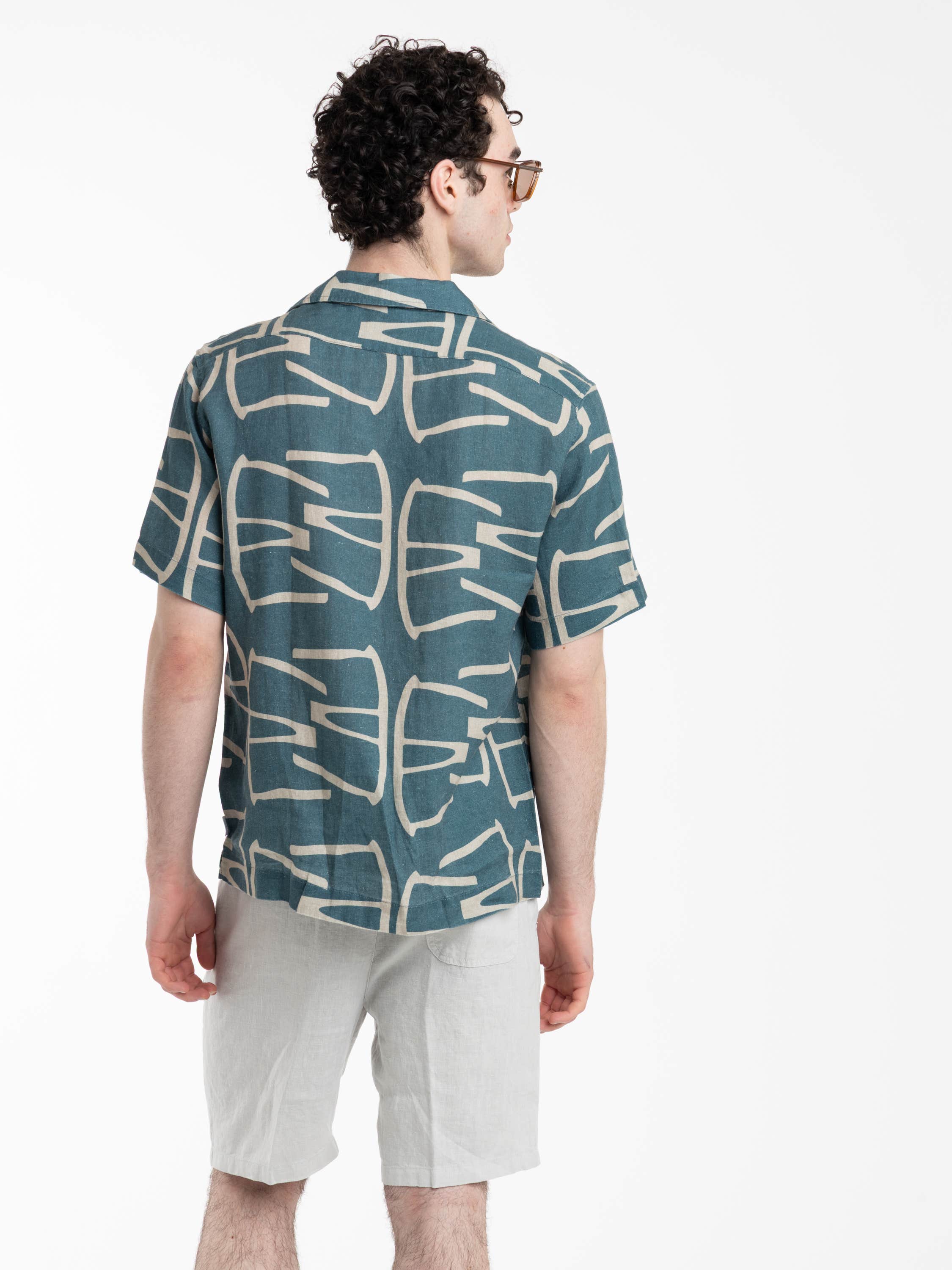 Blue Patterned Cuban Collar Linen Short Sleeve Shirt