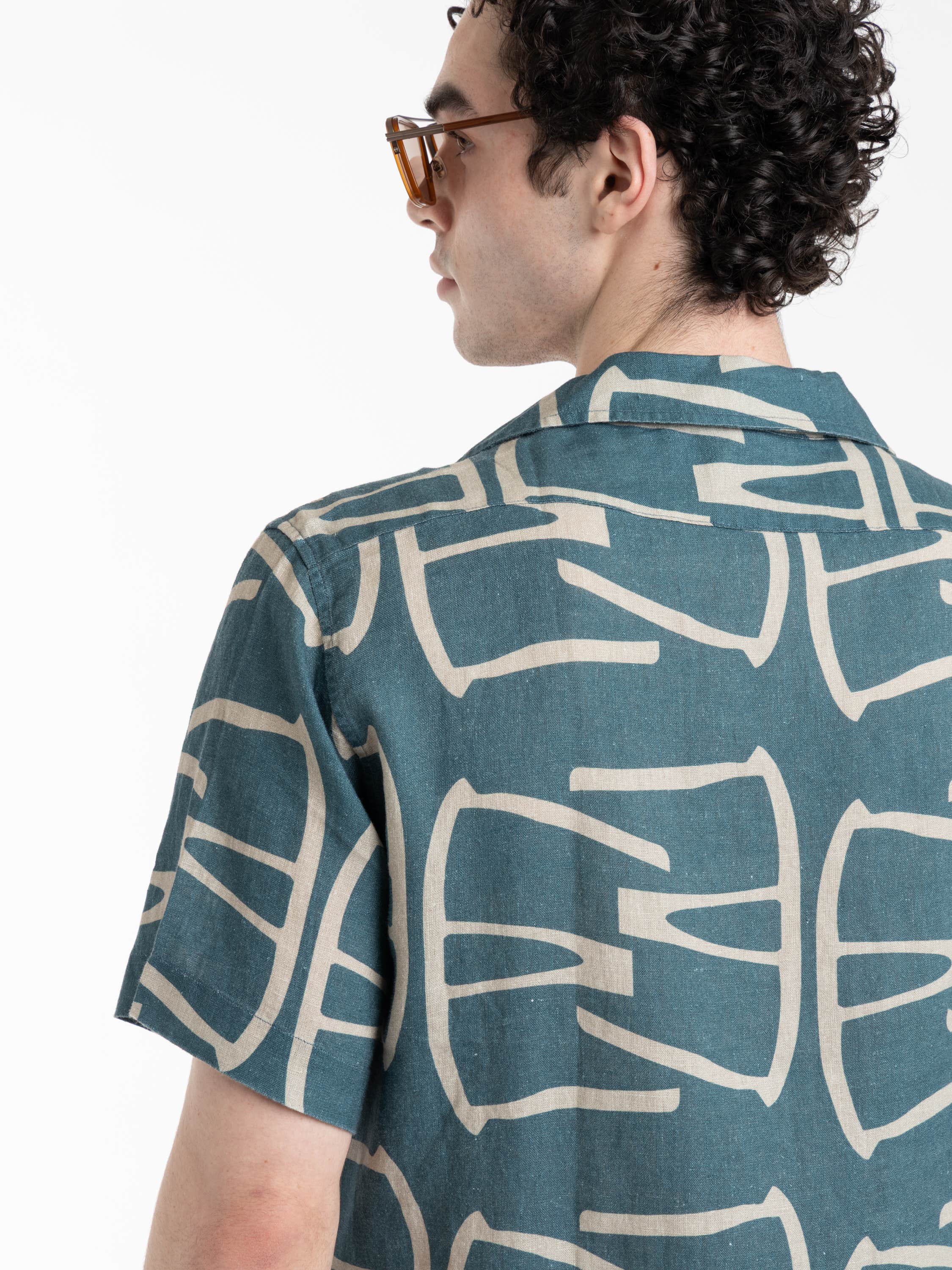 Blue Patterned Cuban Collar Linen Short Sleeve Shirt