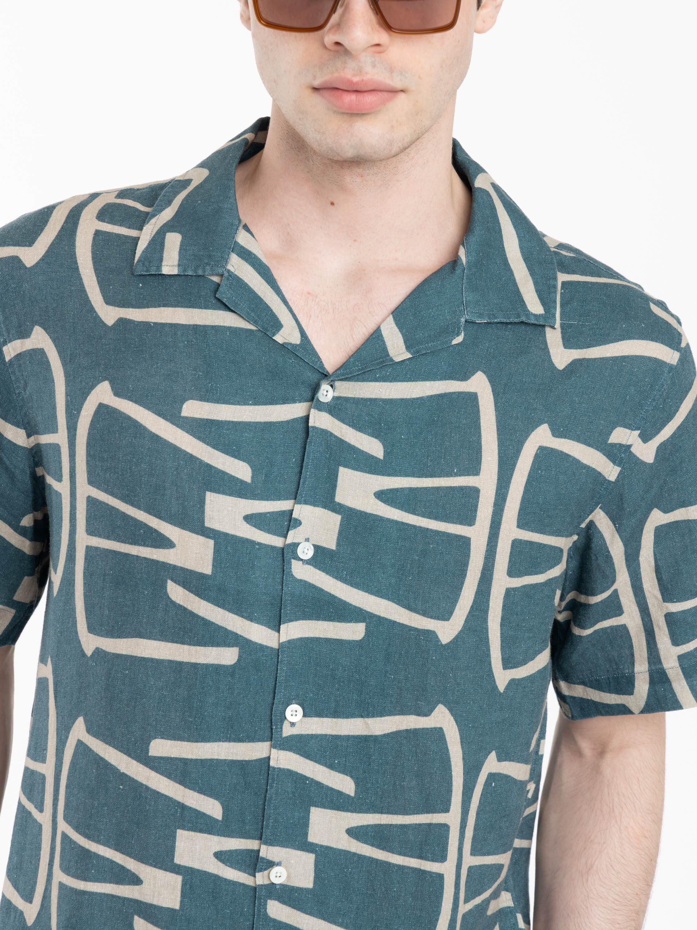 Blue Patterned Cuban Collar Linen Short Sleeve Shirt