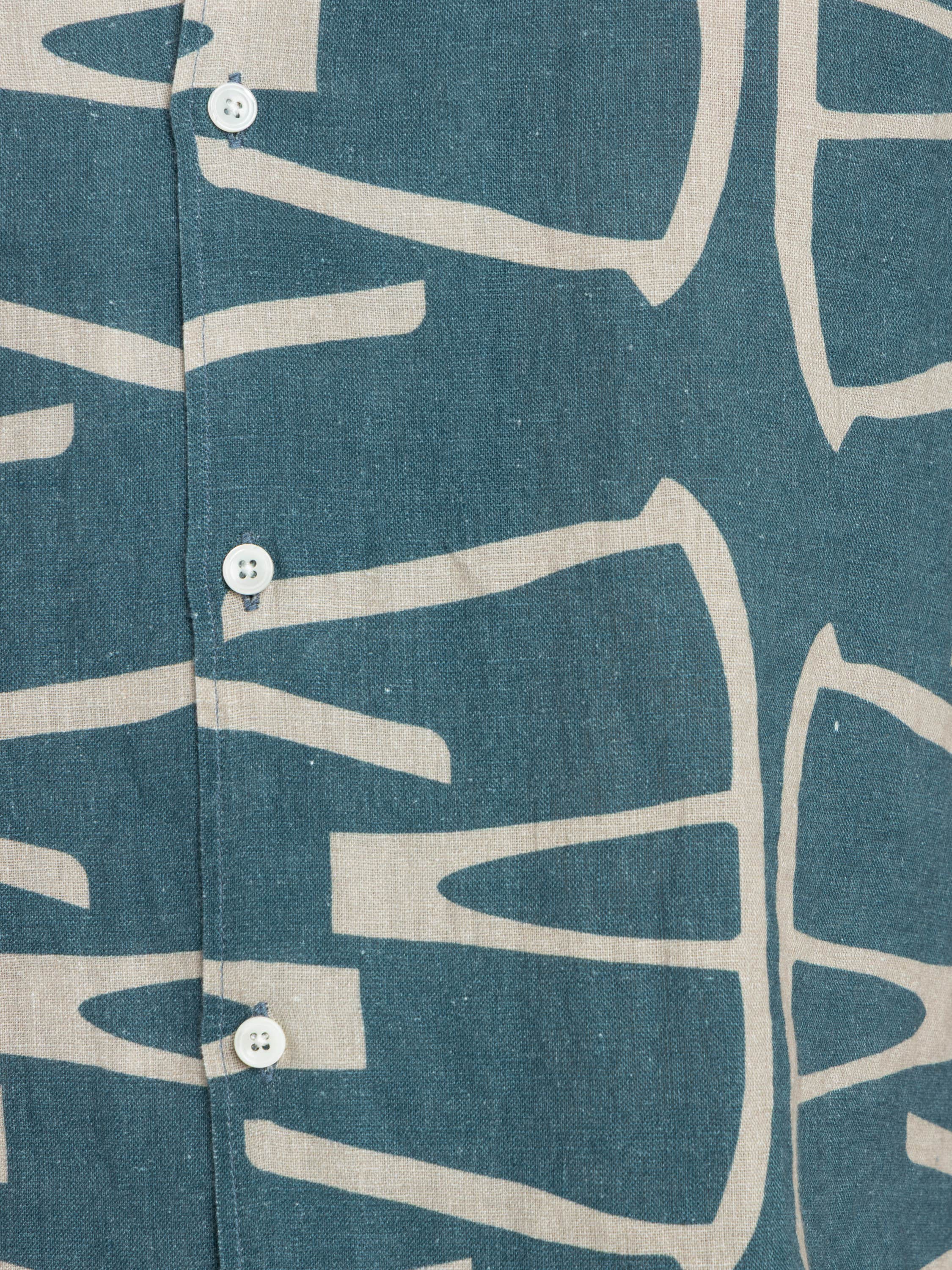 Blue Patterned Cuban Collar Linen Short Sleeve Shirt