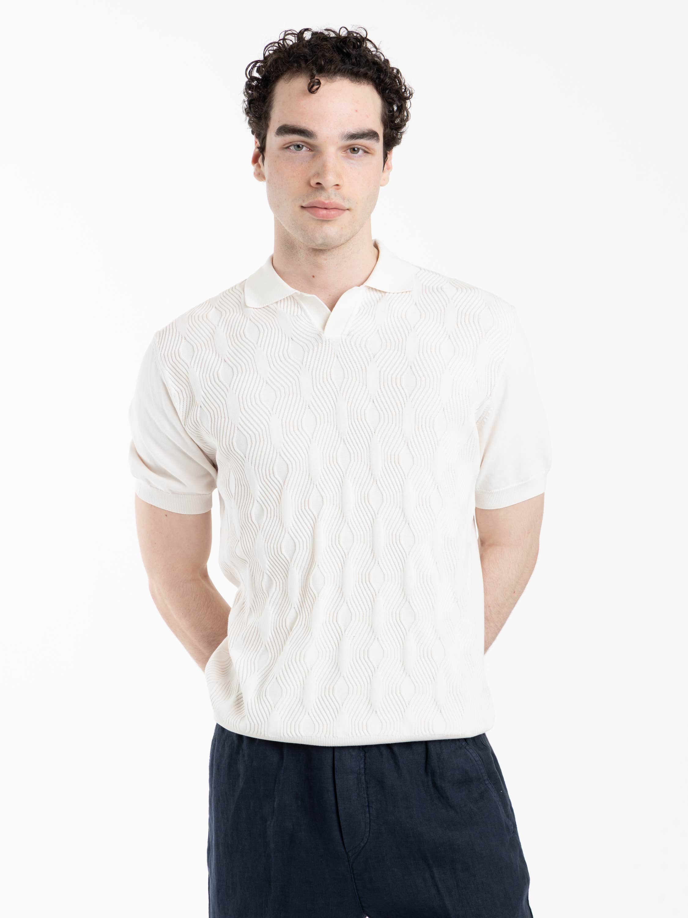 Cream Jacquard Johnny Short Sleeve Knit Polo