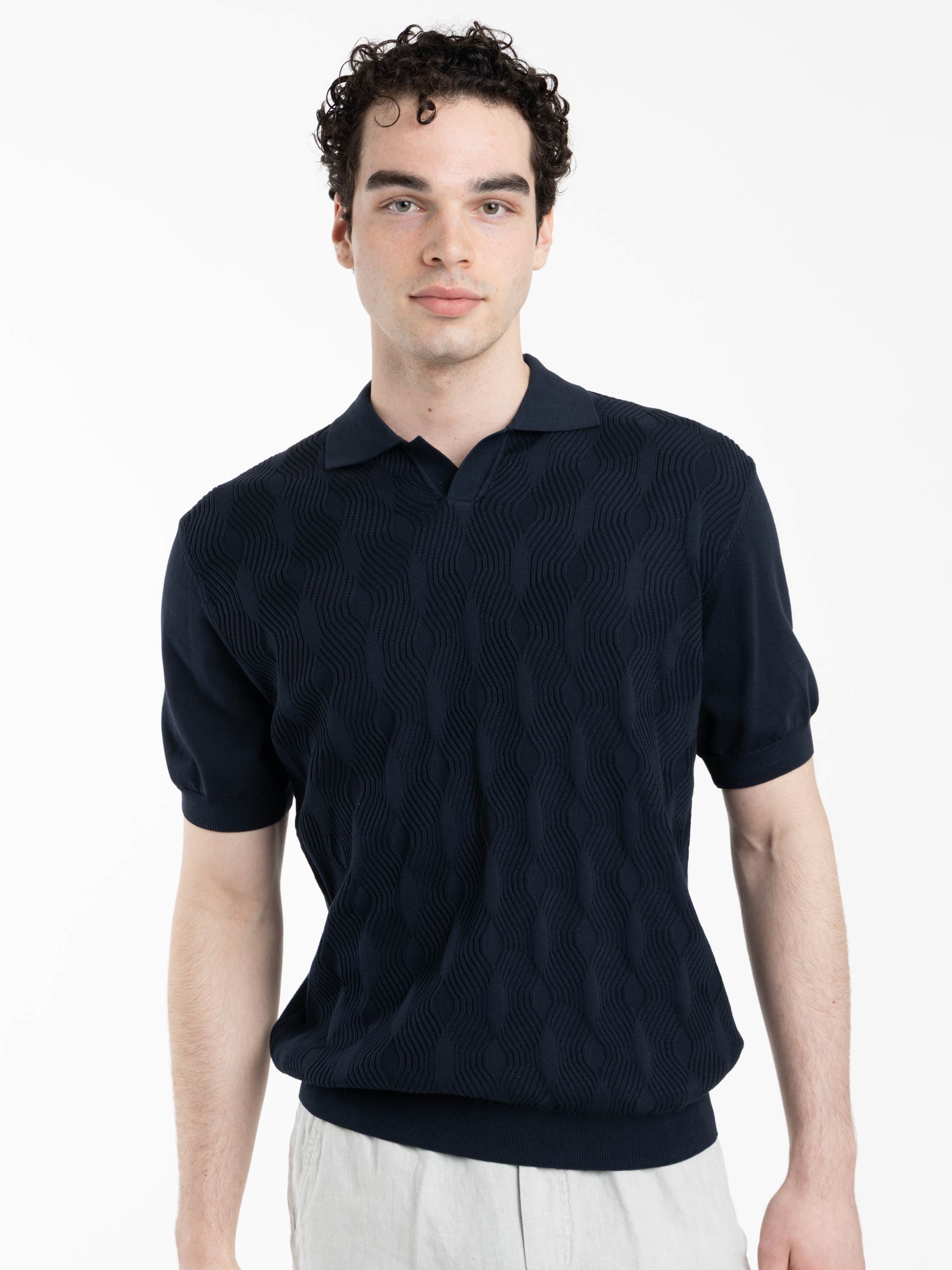 Navy Jacquard Johnny Short Sleeve Knit Polo
