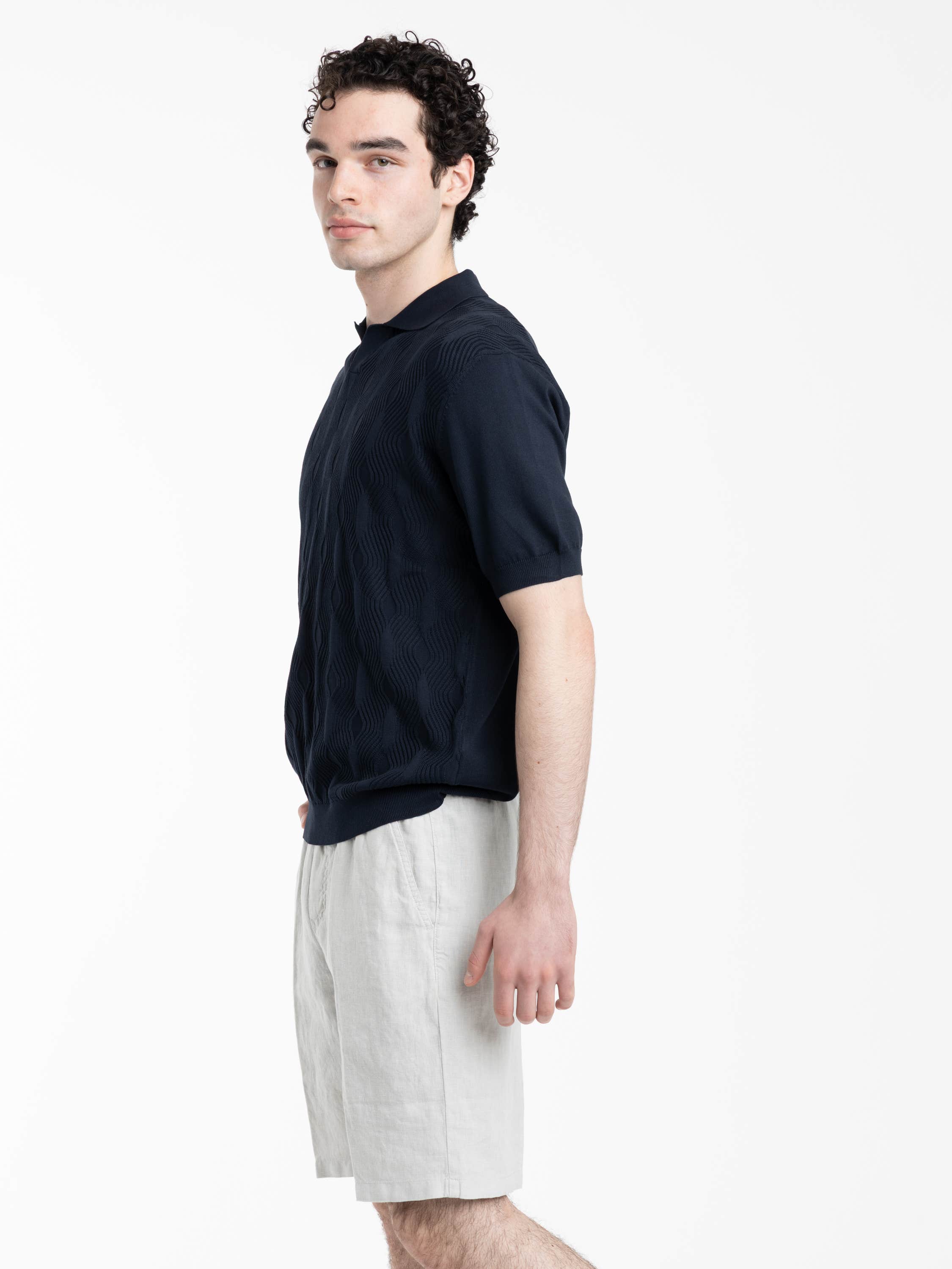 Navy Jacquard Johnny Short Sleeve Knit Polo