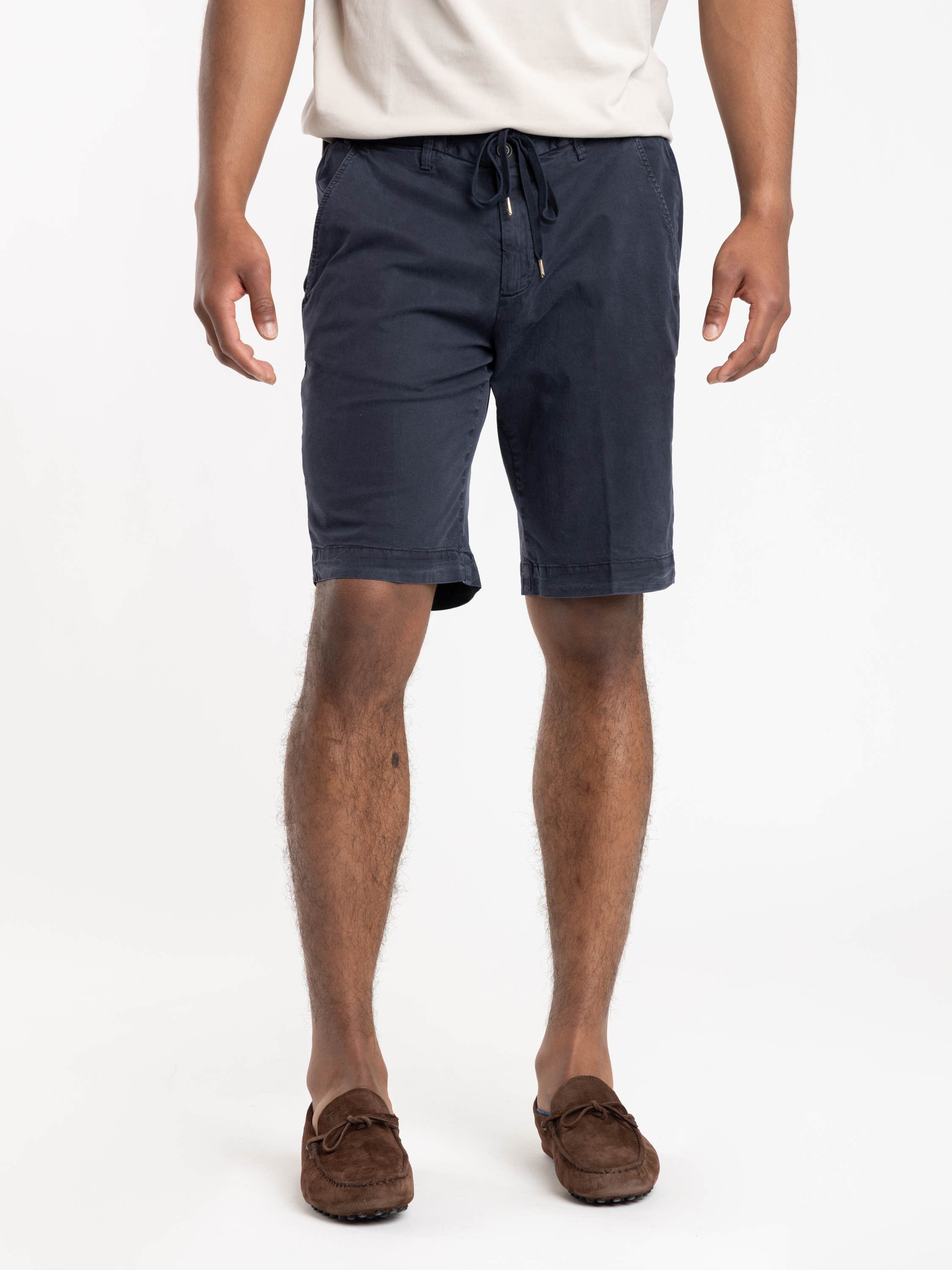 Navy Blue Cotton-Blend Drawstring Shorts