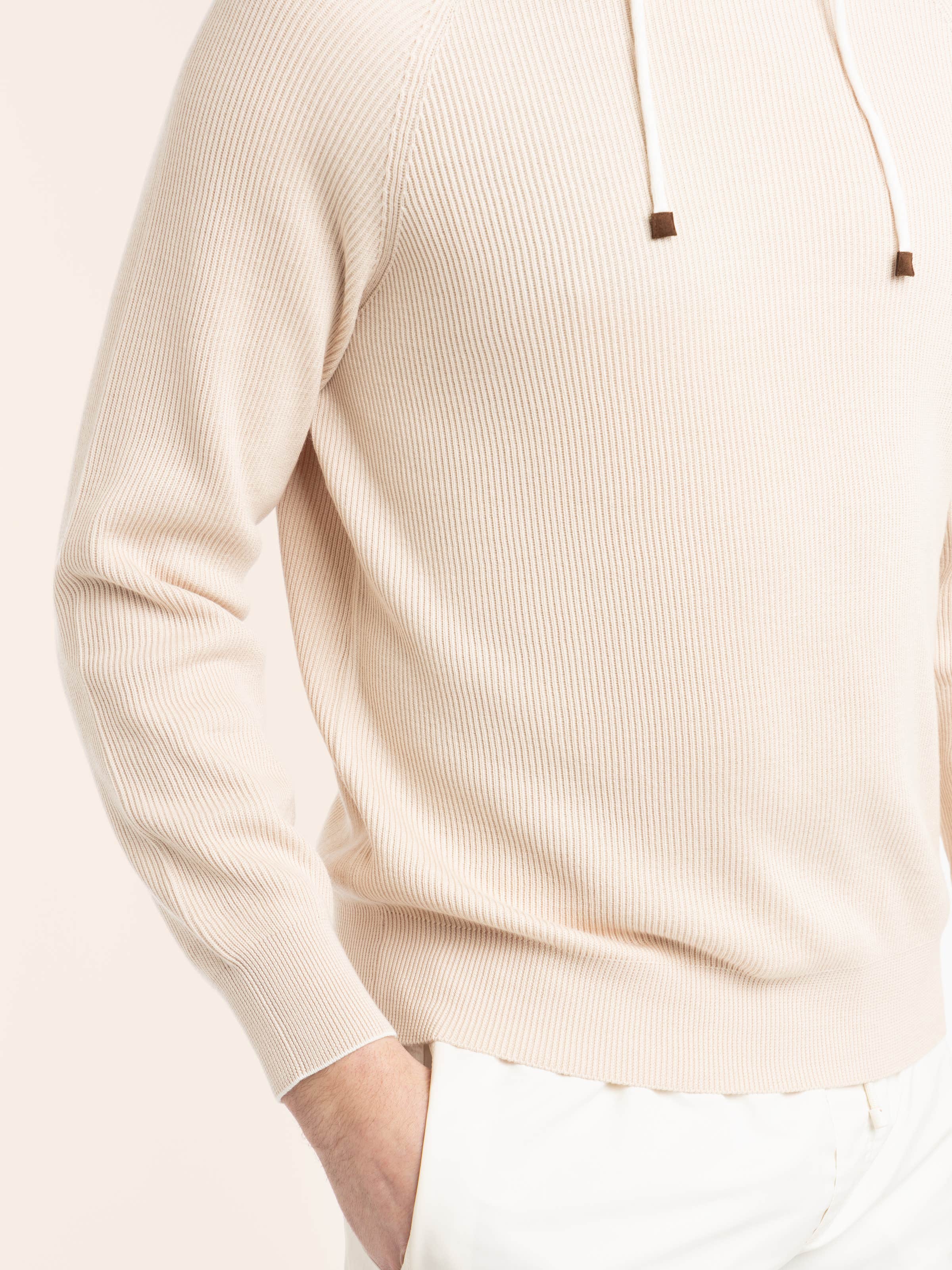 Beige Cotton English Rib Hooded Sweater