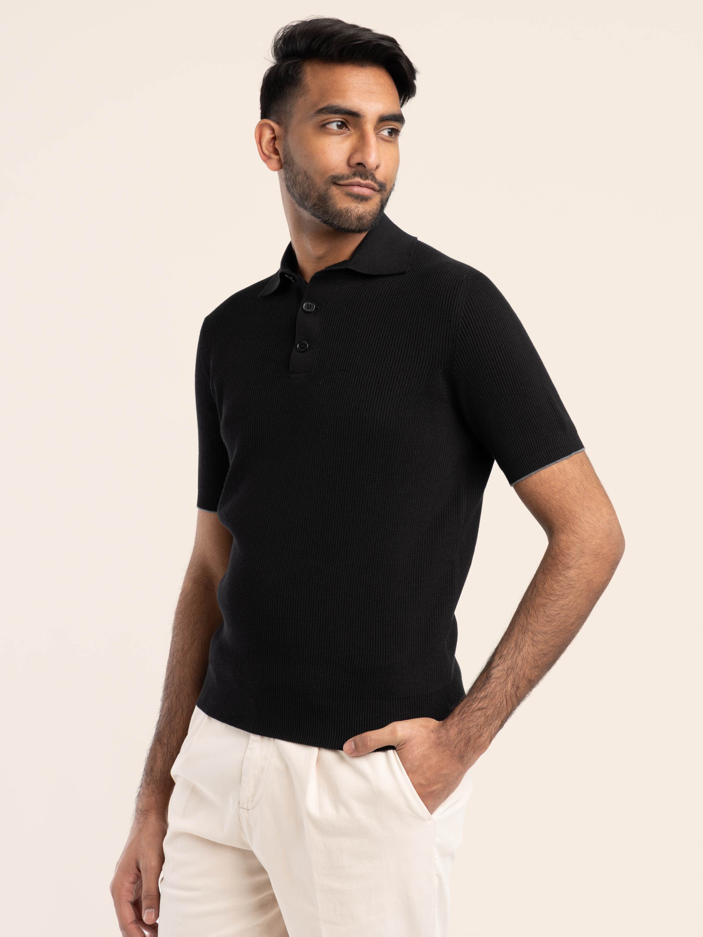 Black Ribbed Cotton Polo Shirt