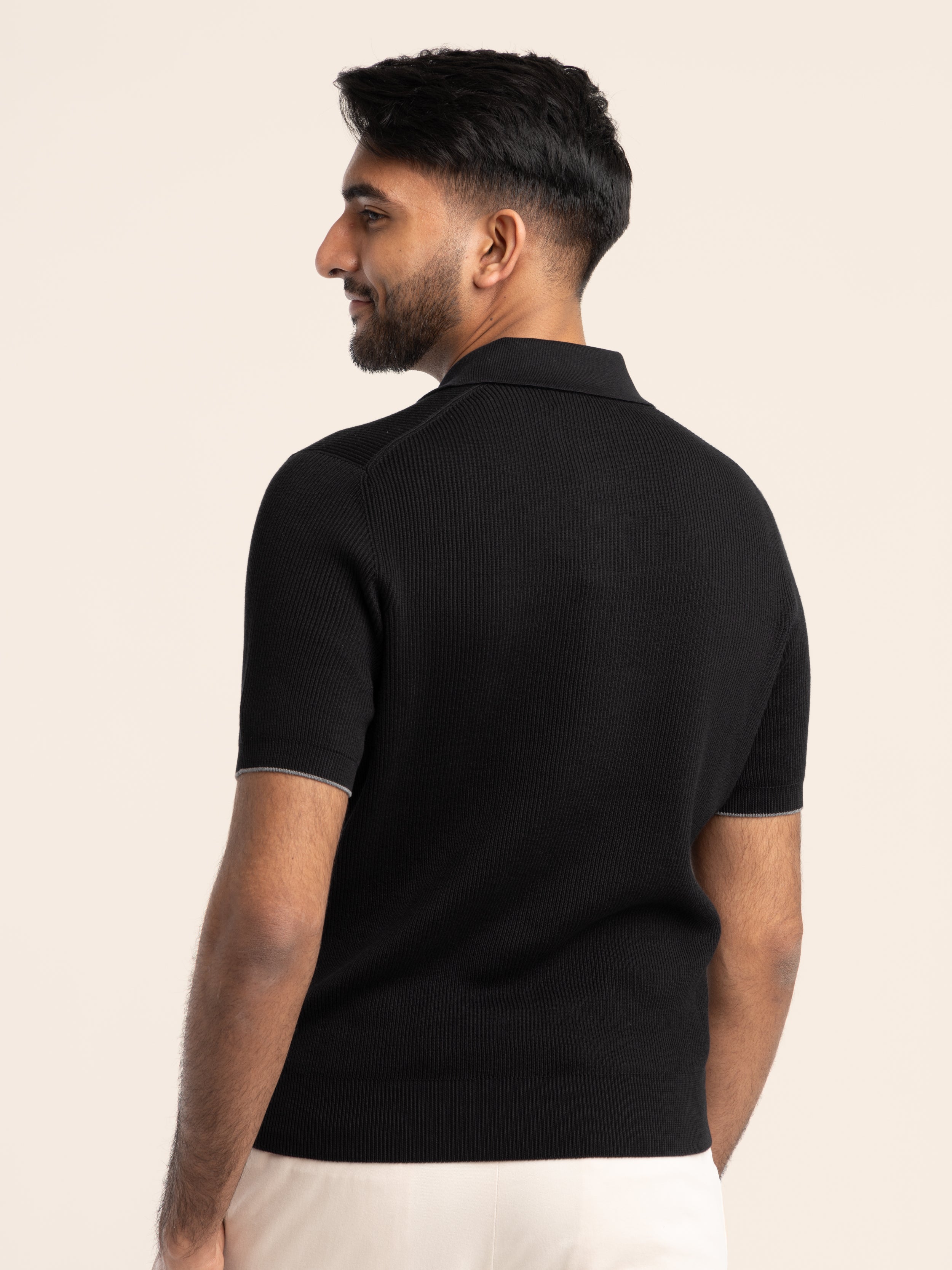 Black Ribbed Cotton Polo Shirt The Helm Clothing