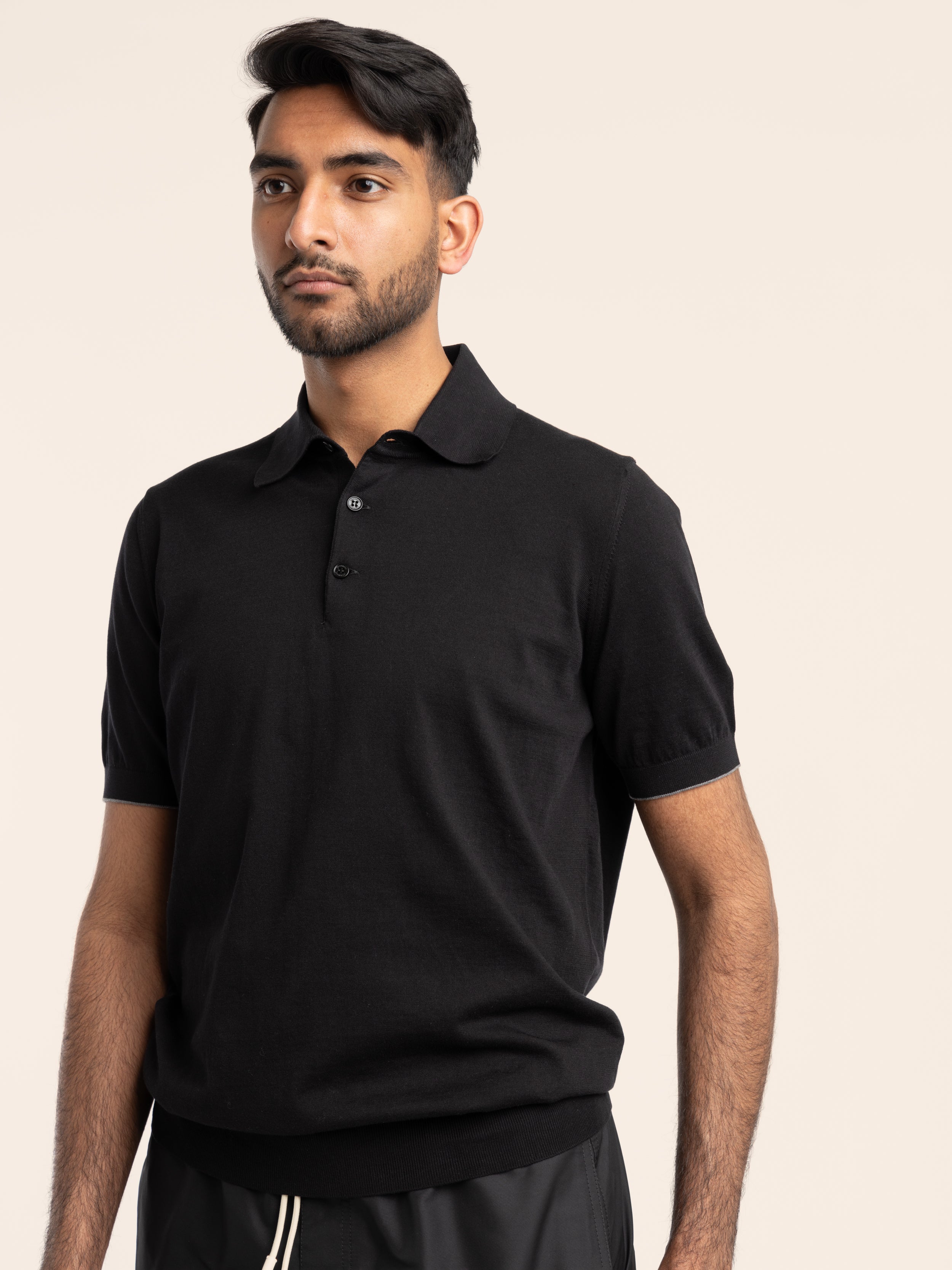 Black Cotton Lightweight Knit Polo The Helm Clothing