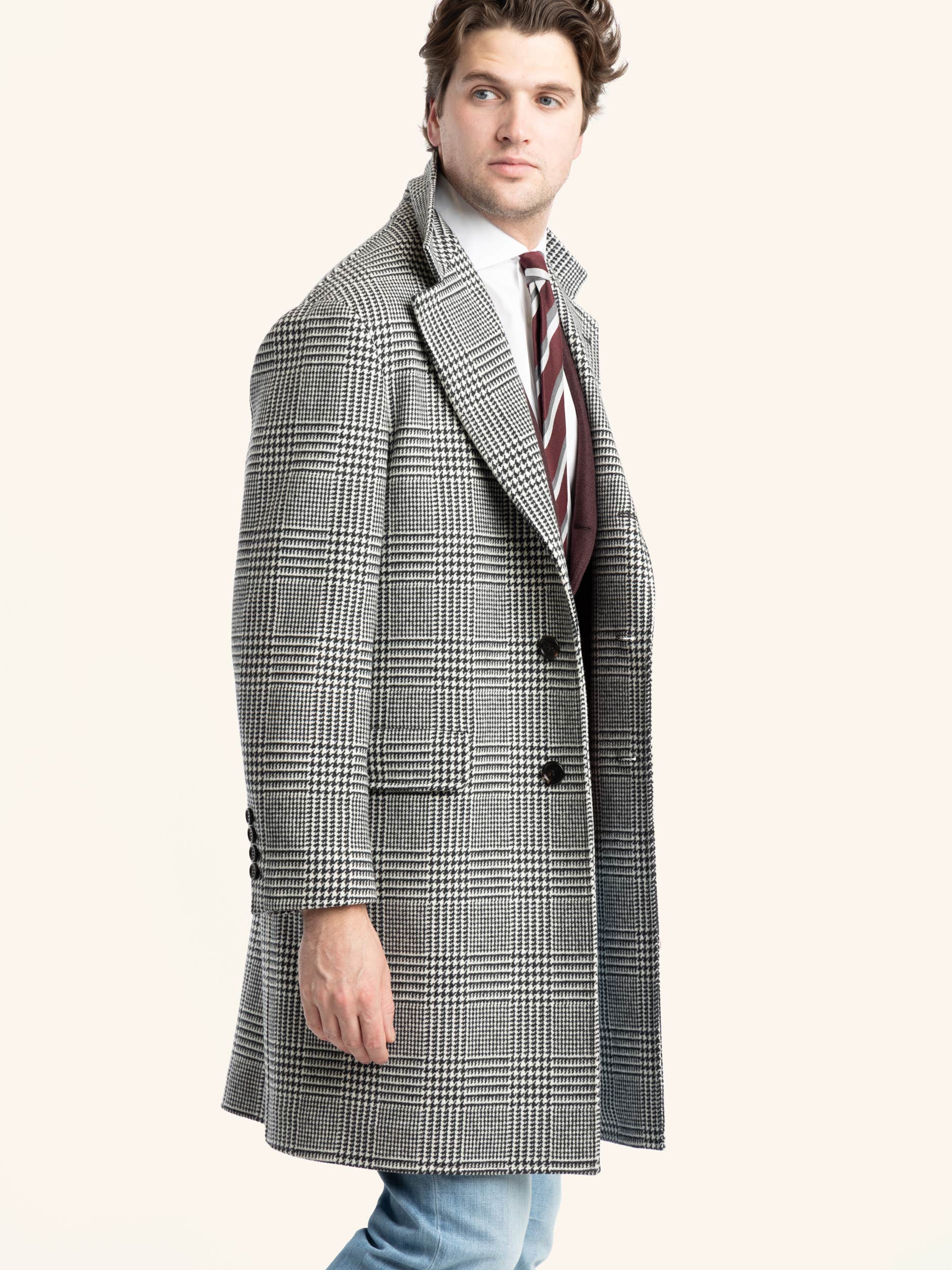 Grey Long-Sleeved Double-Breasted Checked Coat
