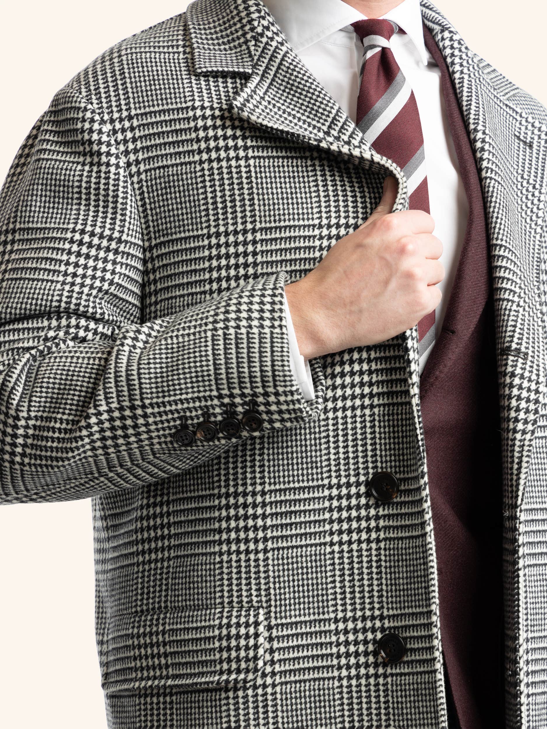Grey Long-Sleeved Double-Breasted Checked Coat