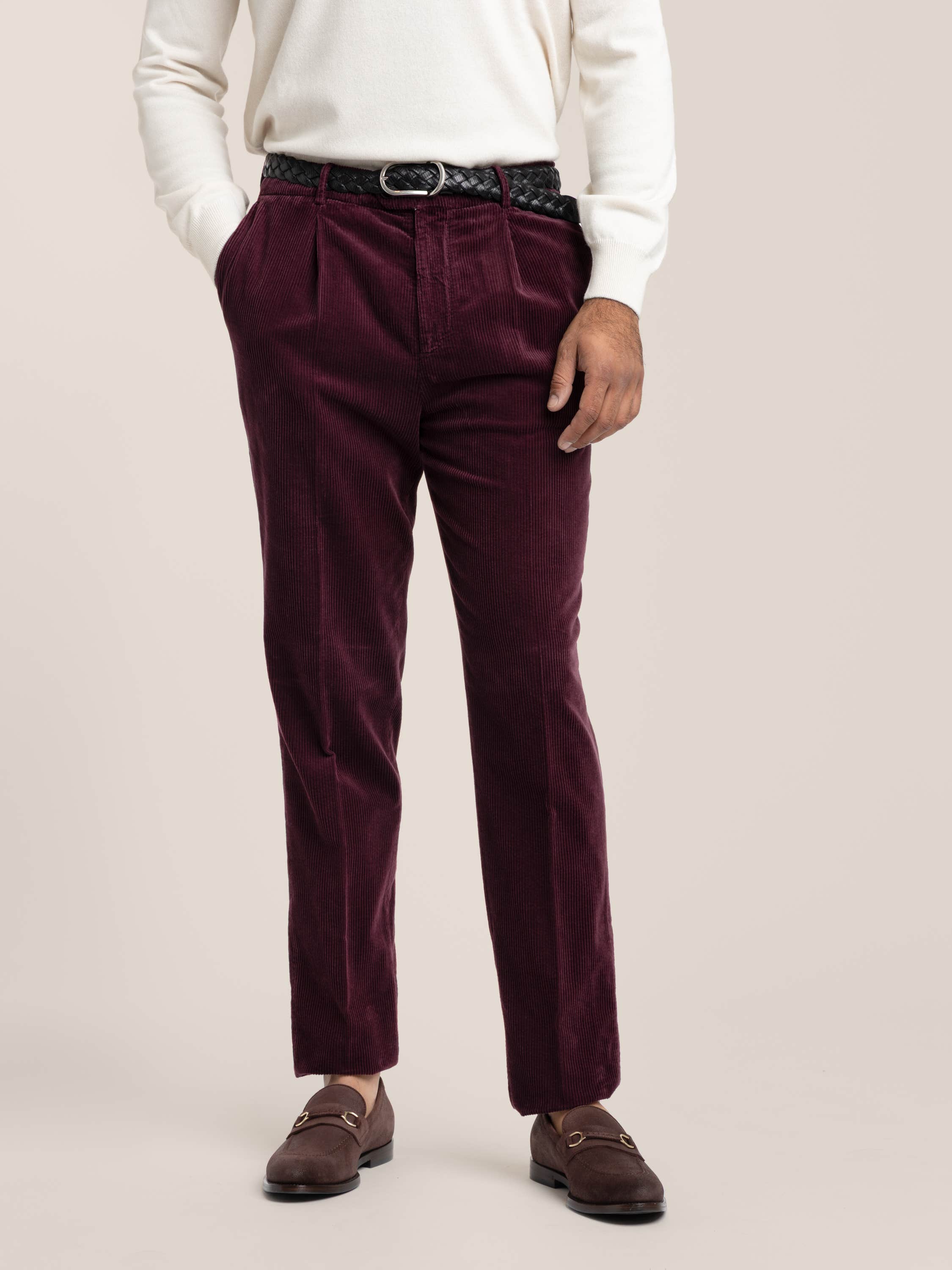 Burgundy Cotton Corduroy Leisure Fit Trouser With Pleat