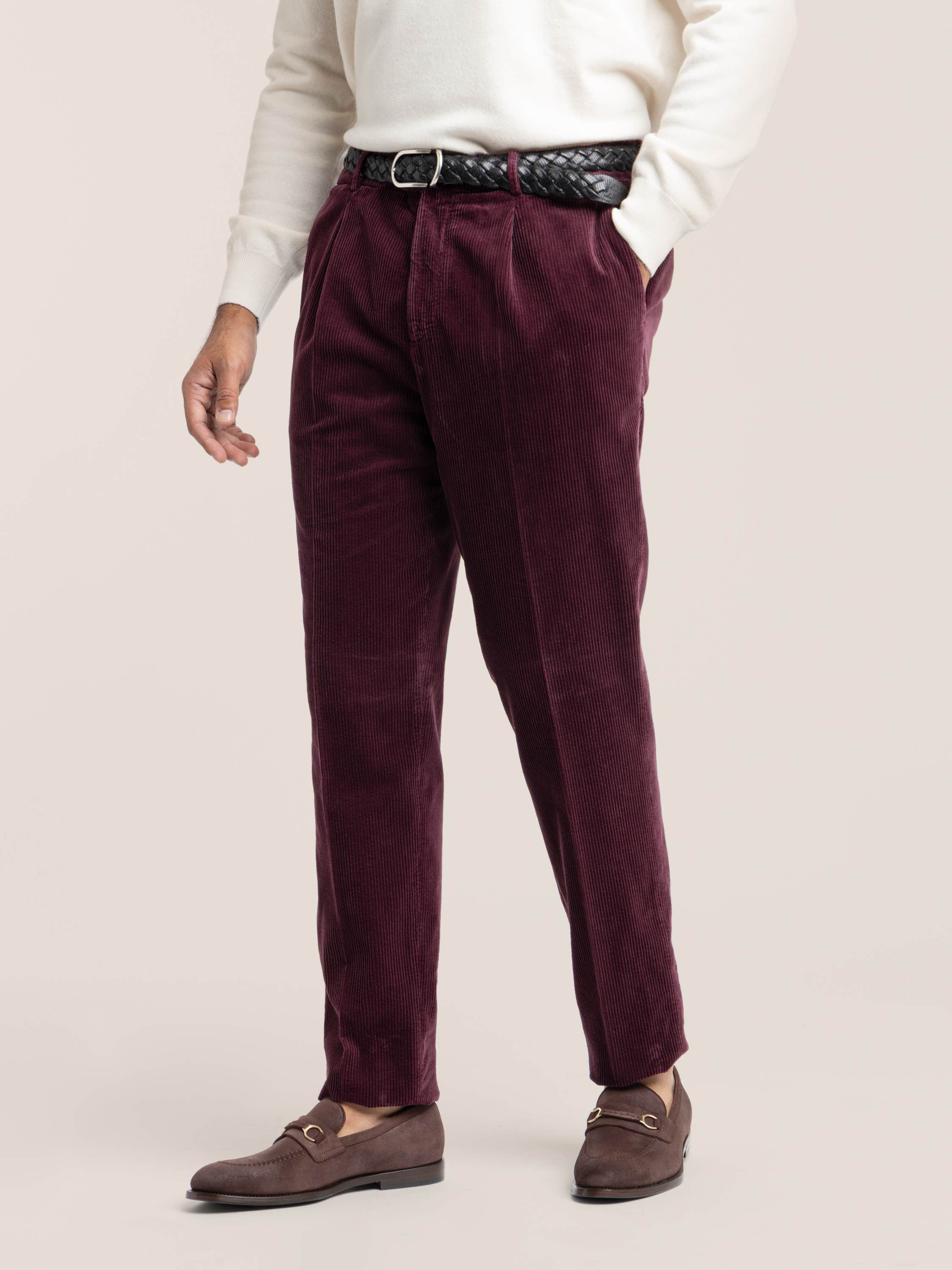 Burgundy Cotton Corduroy Leisure Fit Trouser With Pleat