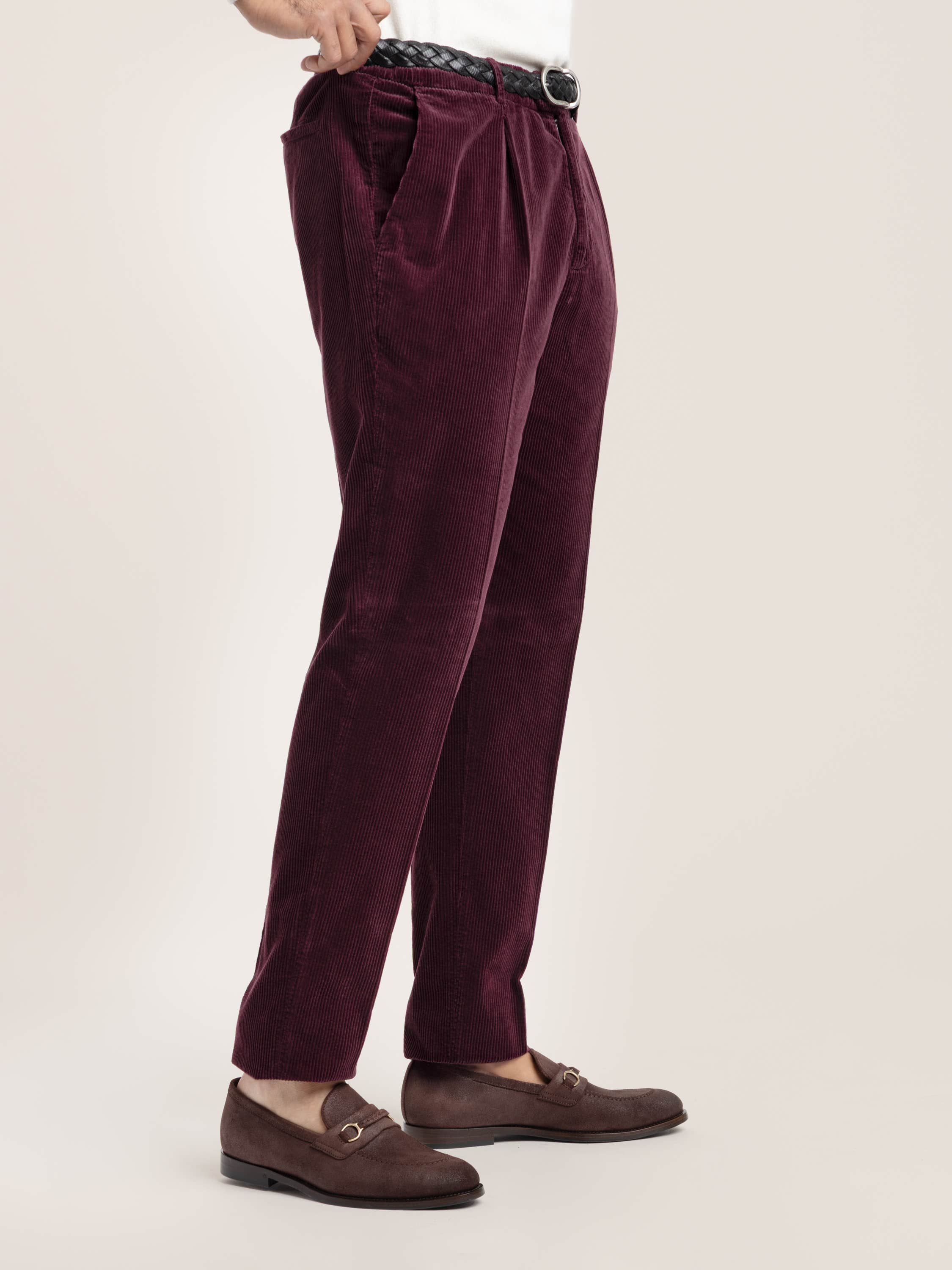 Burgundy Cotton Corduroy Leisure Fit Trouser With Pleat