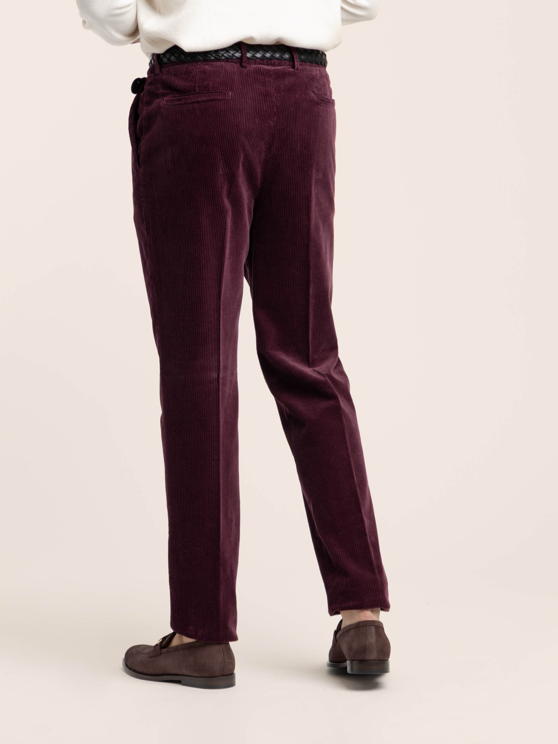 Burgundy Cotton Corduroy Leisure Fit Trouser With Pleat