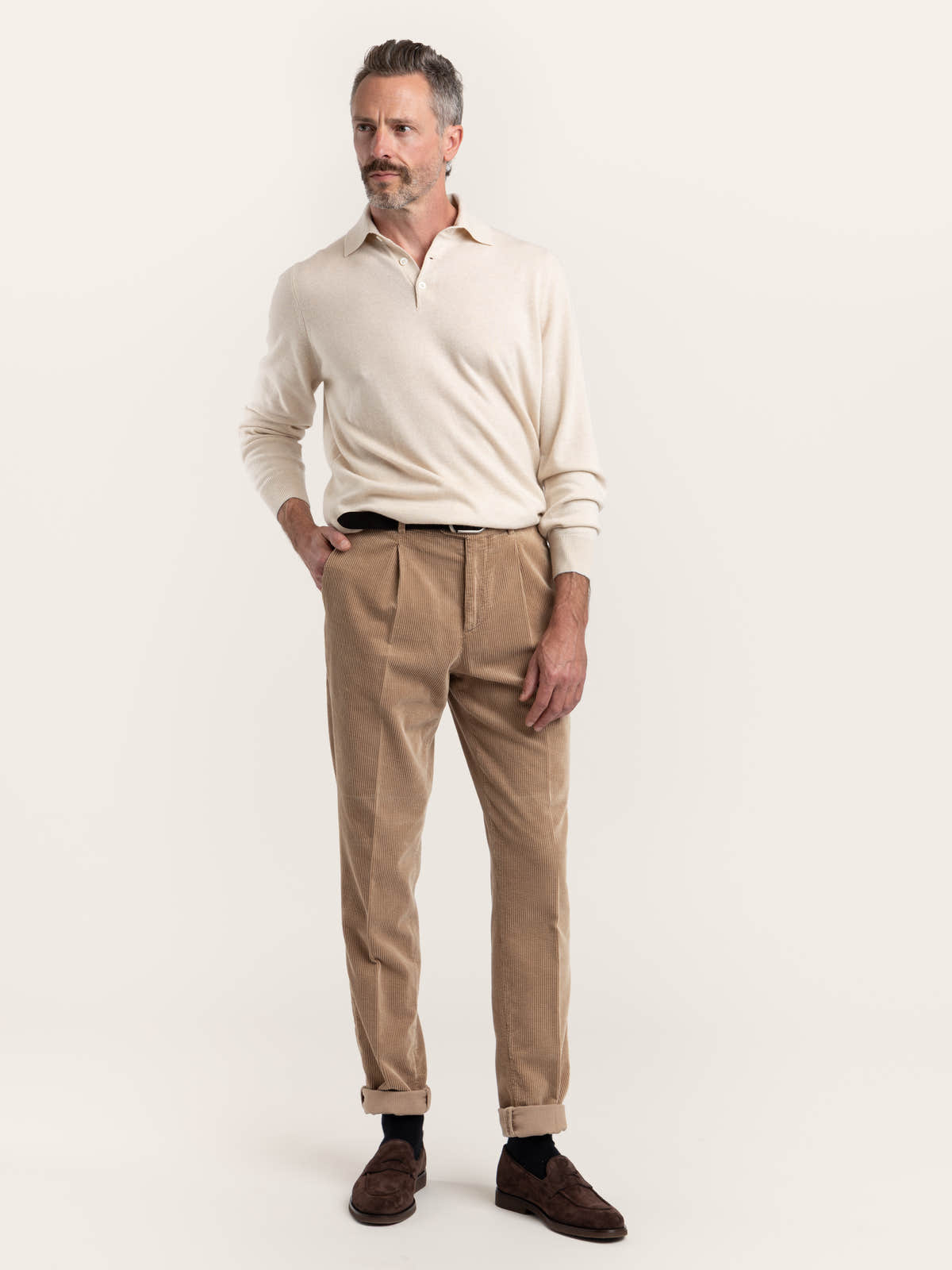 Camel Garment-Dyed Pleated Corduroy Trousers
