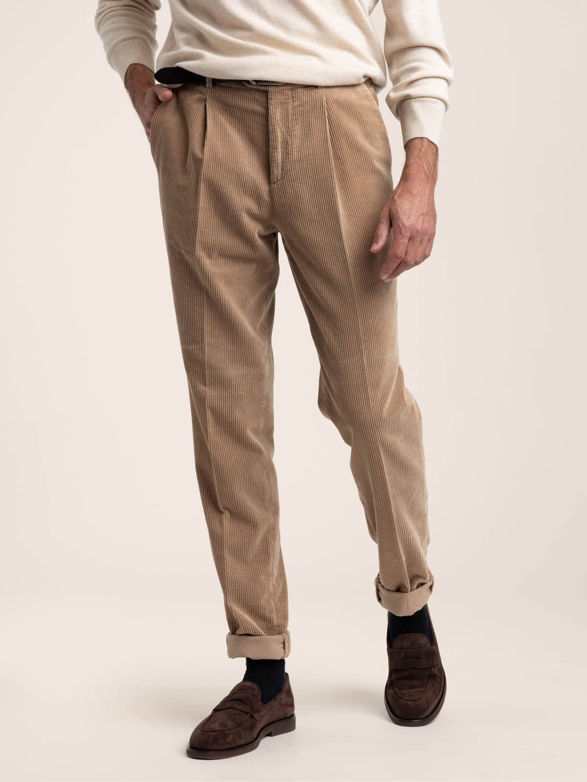 Camel Garment-Dyed Pleated Corduroy Trousers