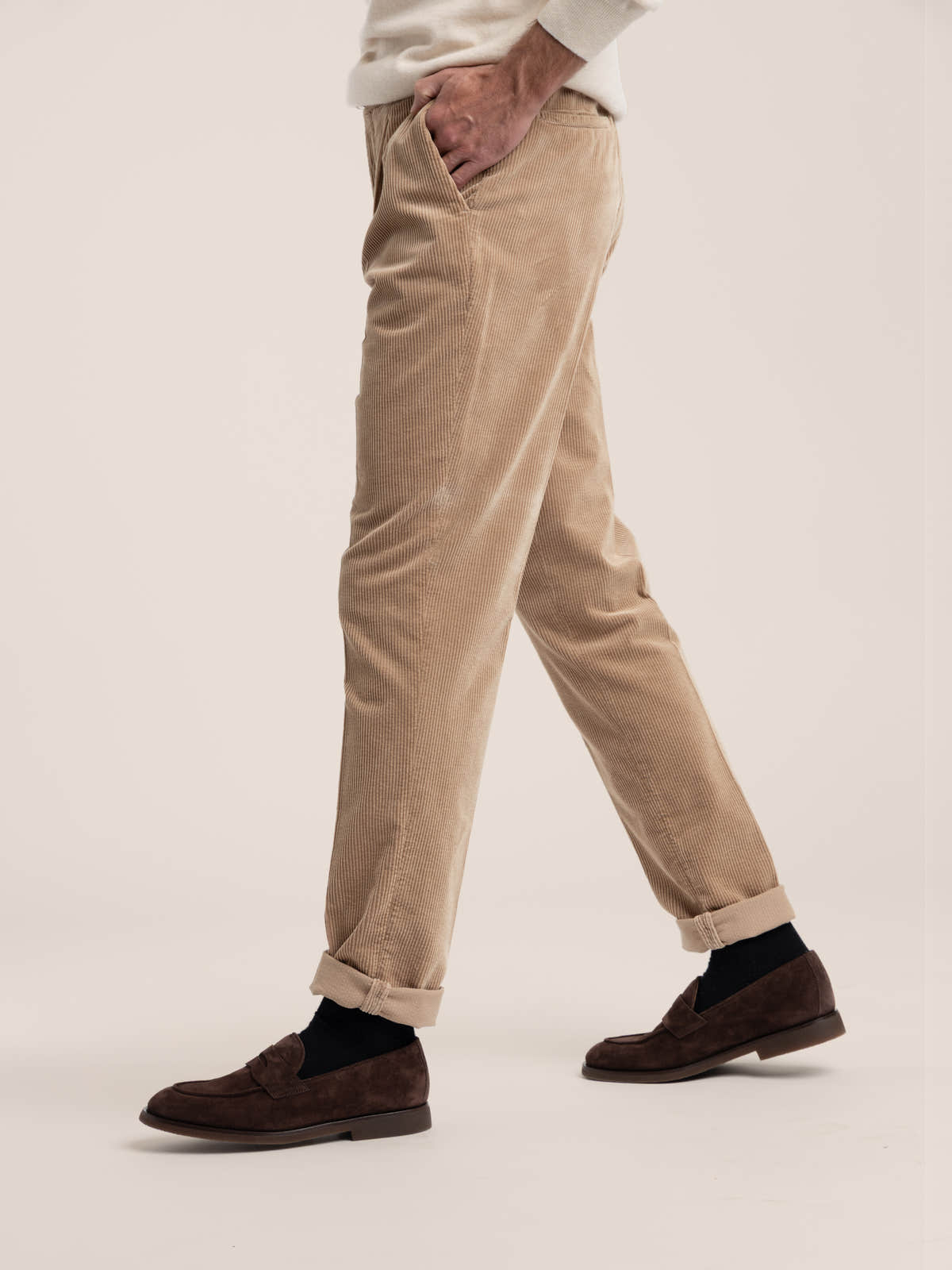 Camel Garment-Dyed Pleated Corduroy Trousers