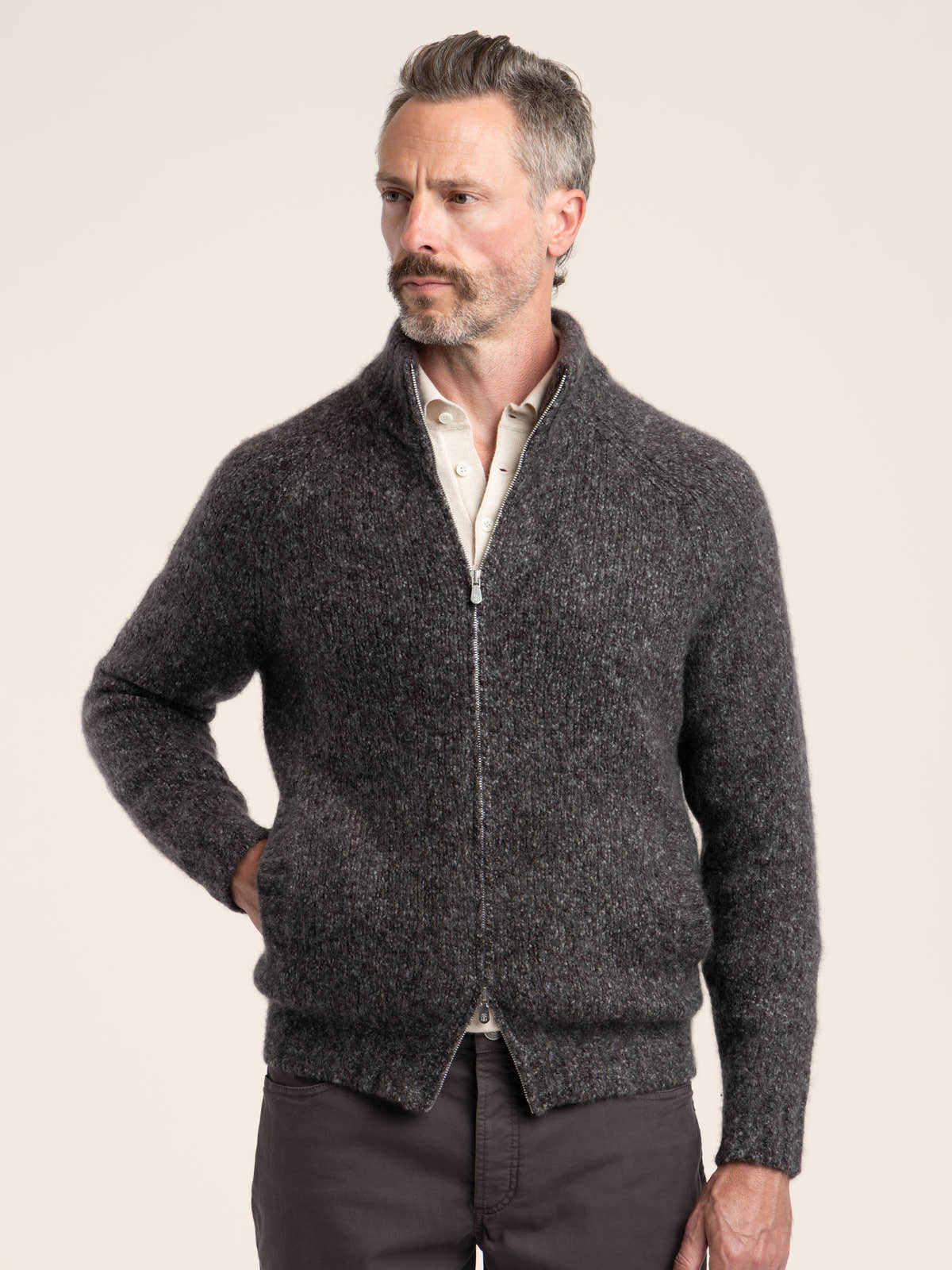 Charcoal Cashmere-Silk Bouclé Zip Cardigan