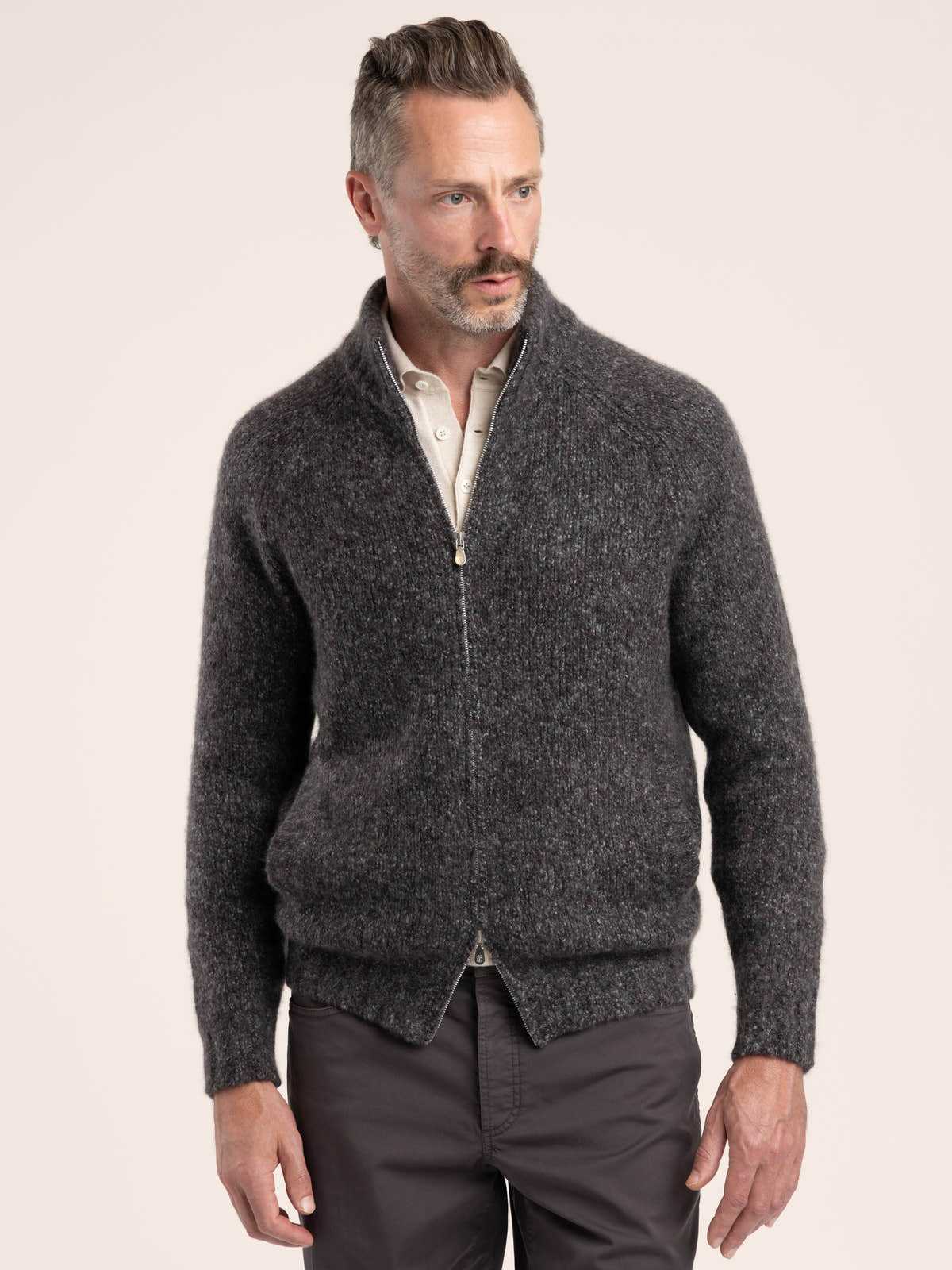 Charcoal Cashmere-Silk Bouclé Zip Cardigan
