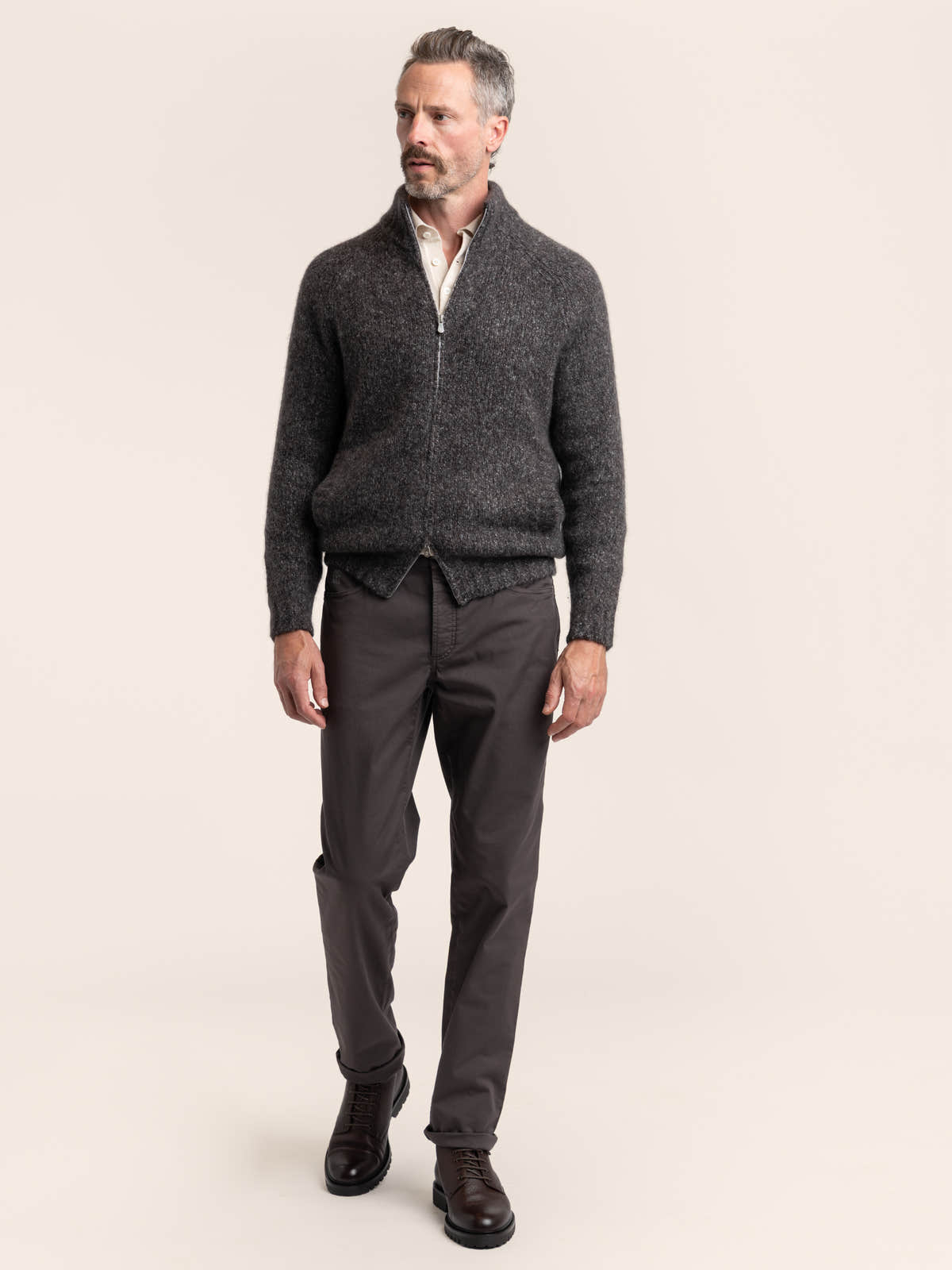 Charcoal Cashmere-Silk Bouclé Zip Cardigan