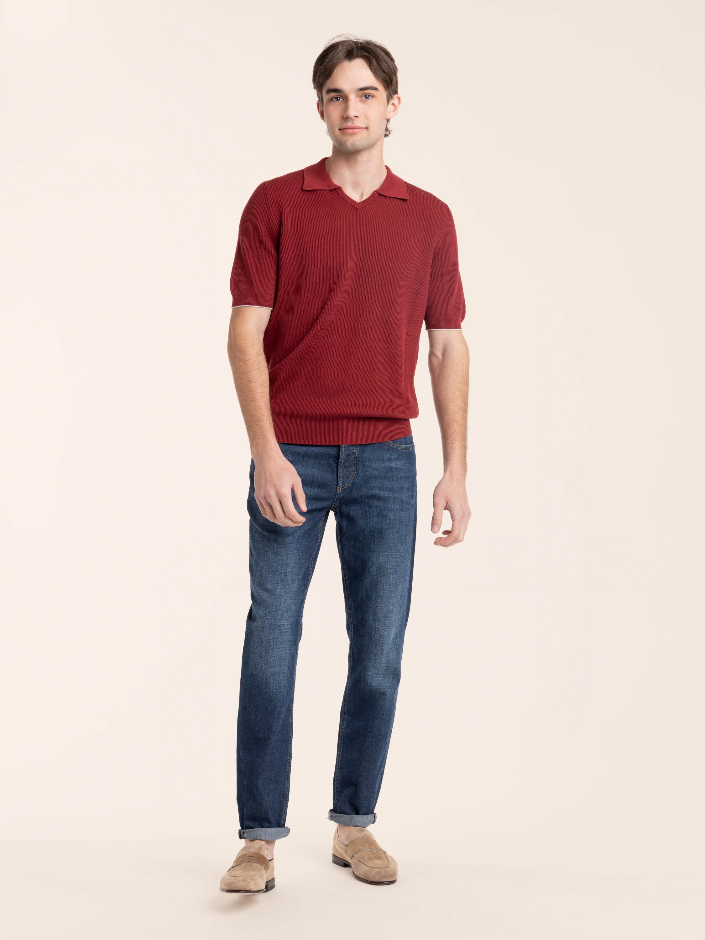 Cherry Red Cotton English Rib Knit Polo