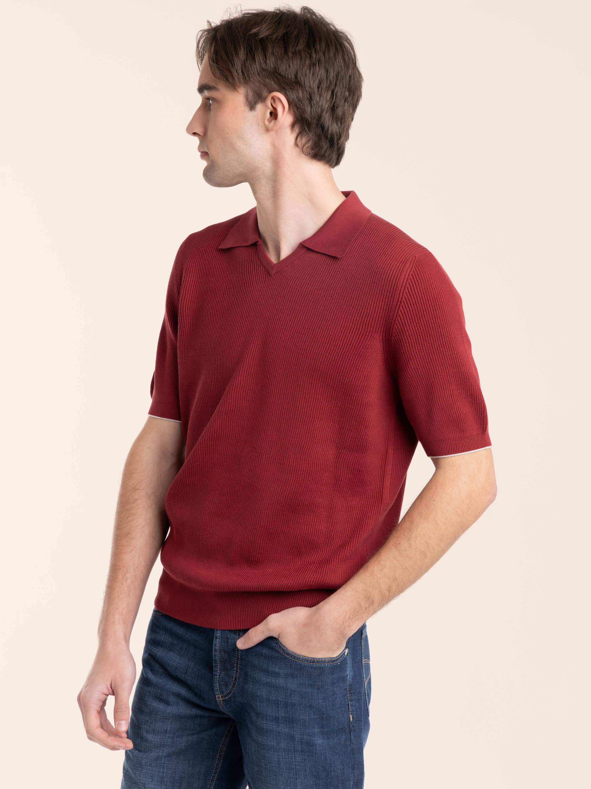 Cherry Red Cotton English Rib Knit Polo