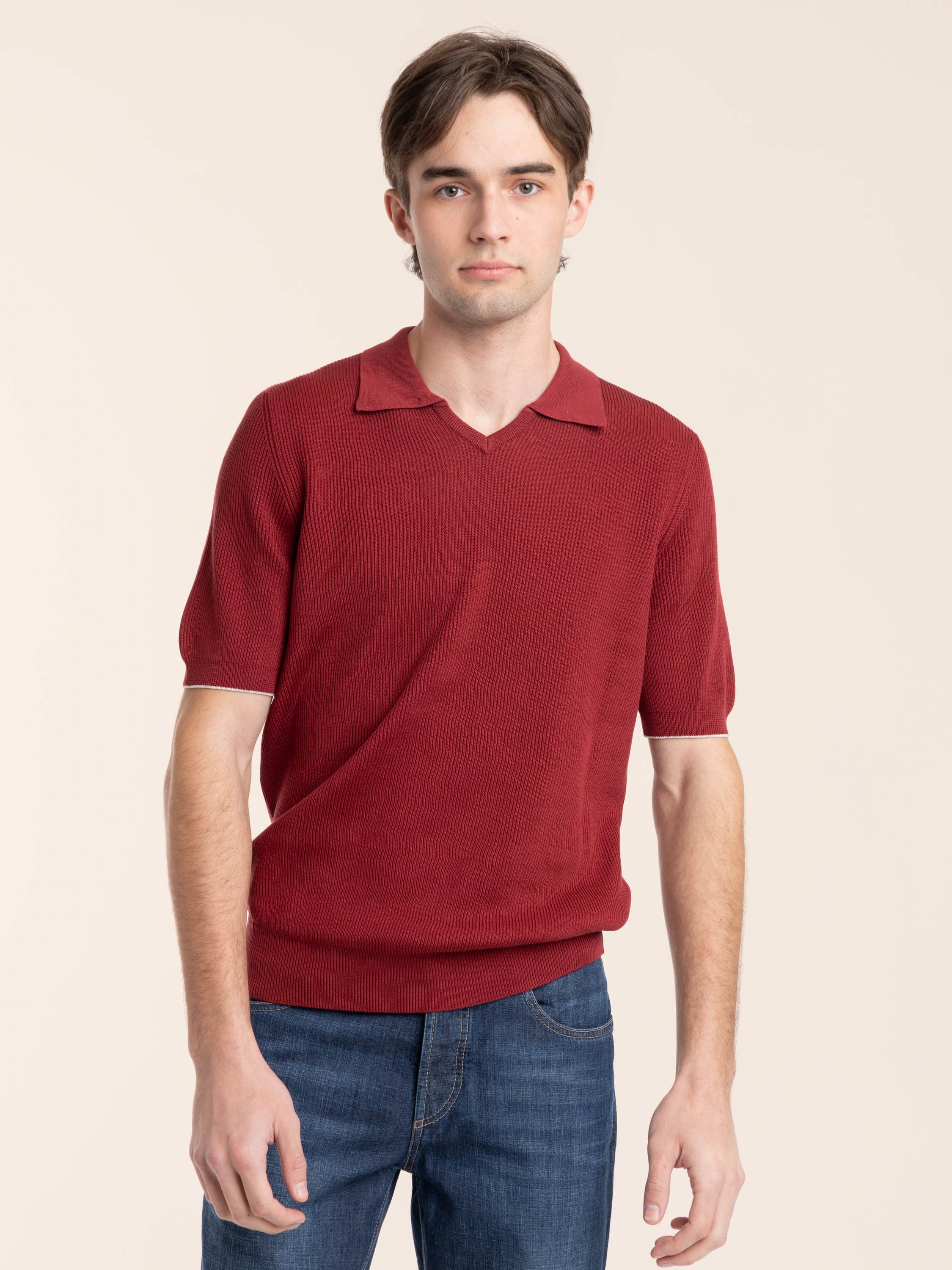 Cherry Red Cotton English Rib Knit Polo