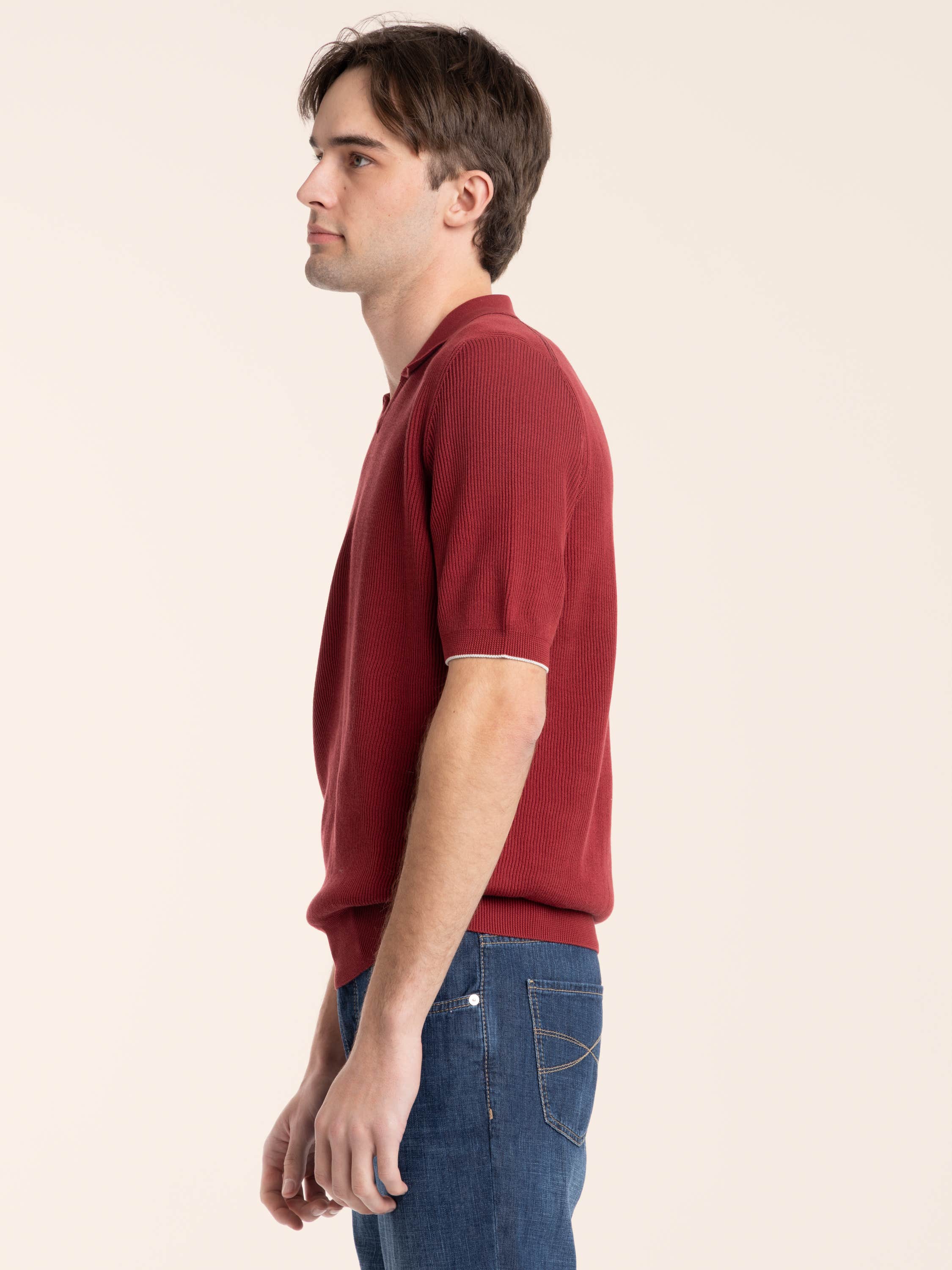 Cherry Red Cotton English Rib Knit Polo
