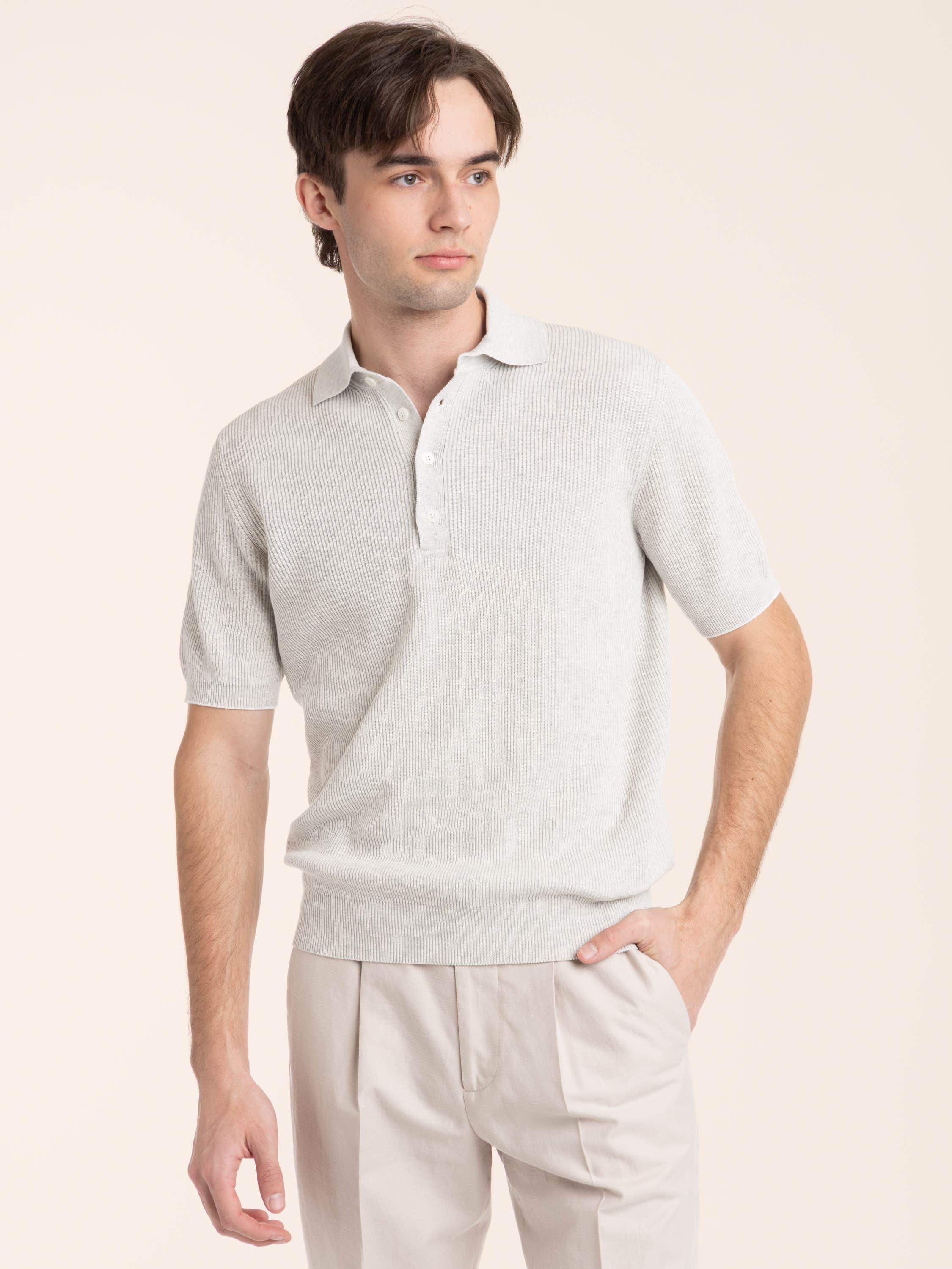 Cloud Grey Cotton Half English Rib Knit Polo Shirt