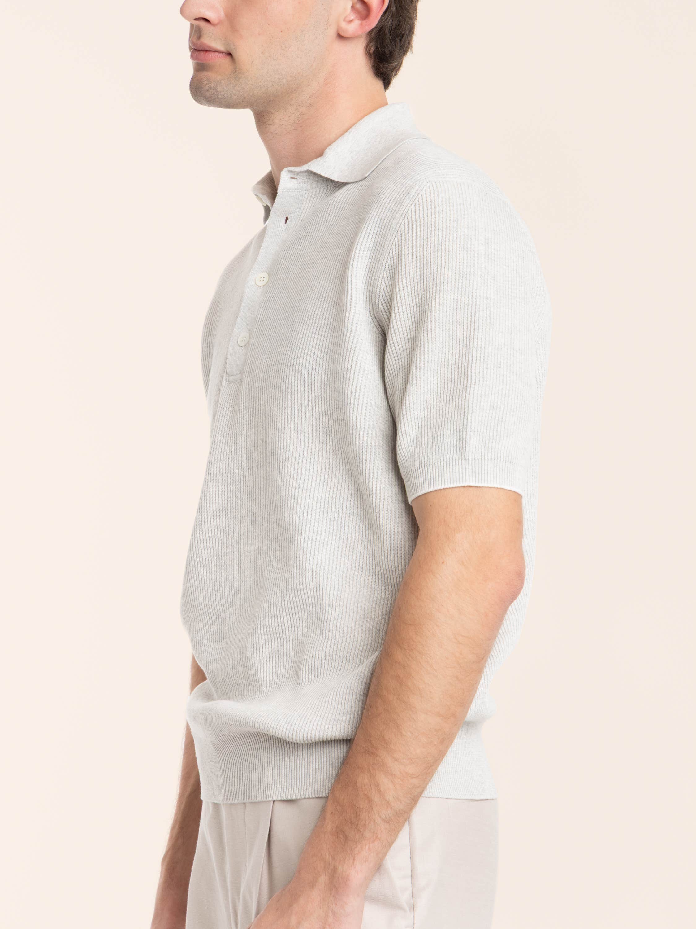 Cloud Grey Cotton Half English Rib Knit Polo Shirt