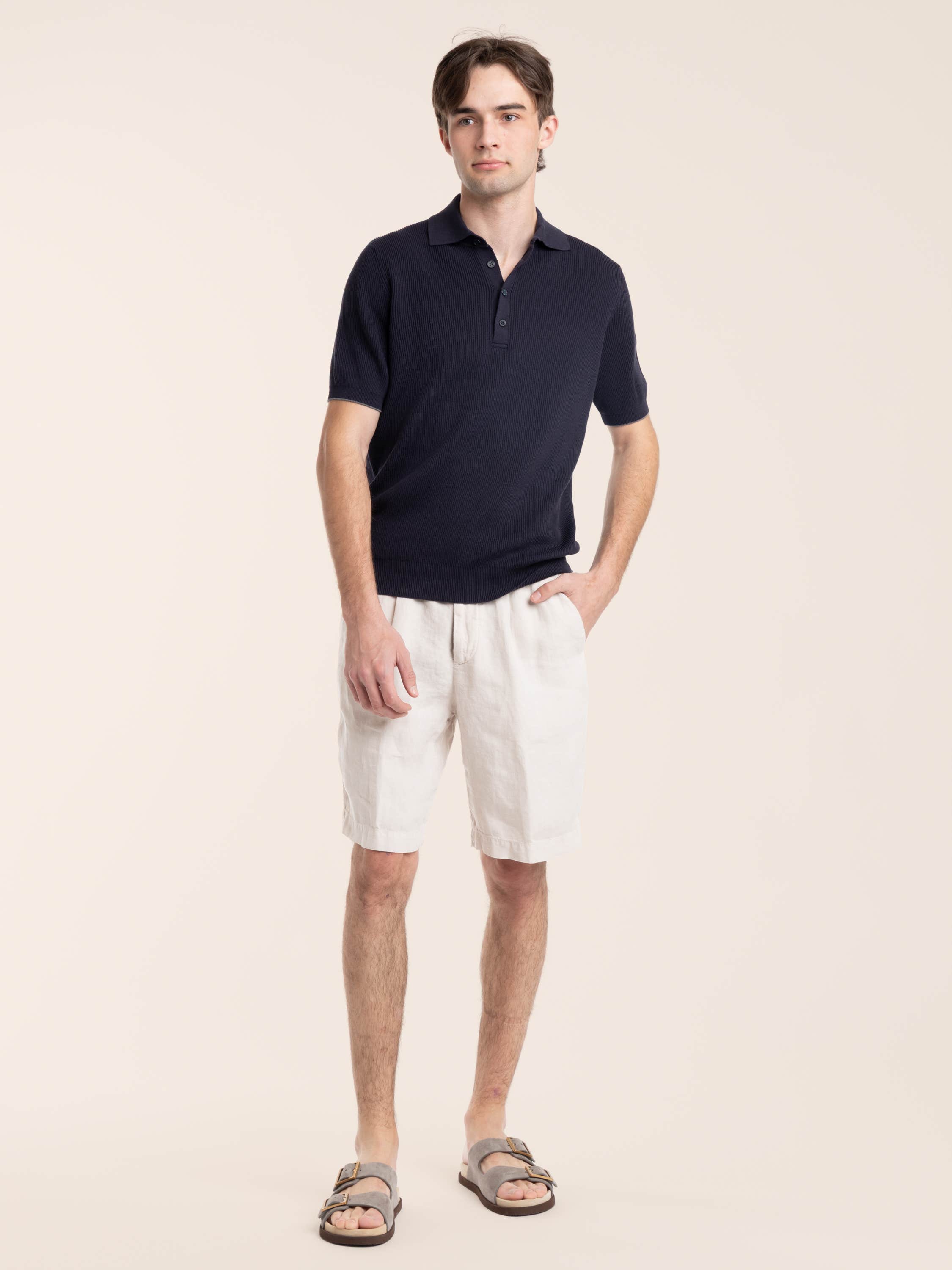 Dark Blue Cotton half English Rib Knit Polo Shirt
