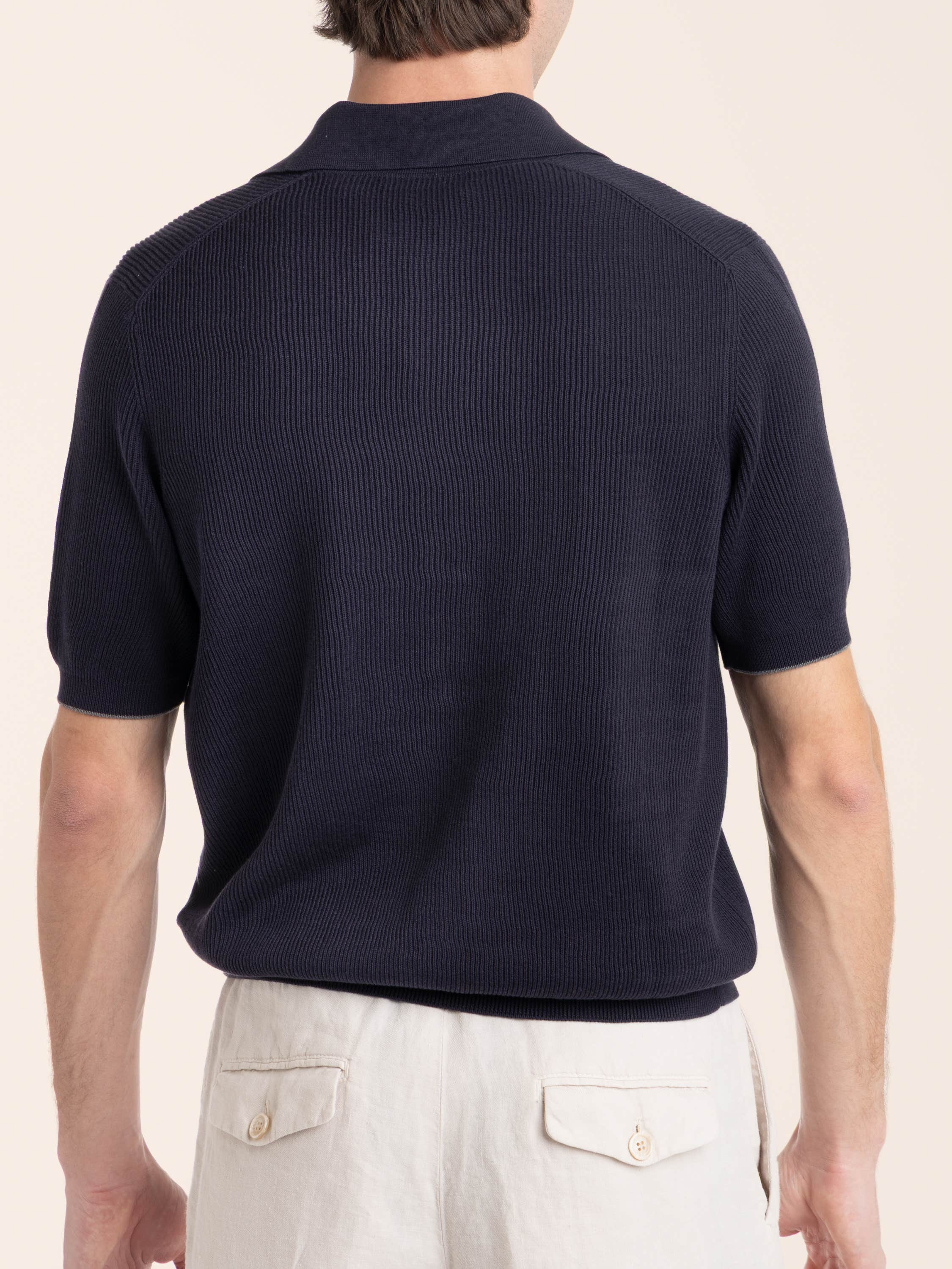 Dark Blue Cotton half English Rib Knit Polo Shirt