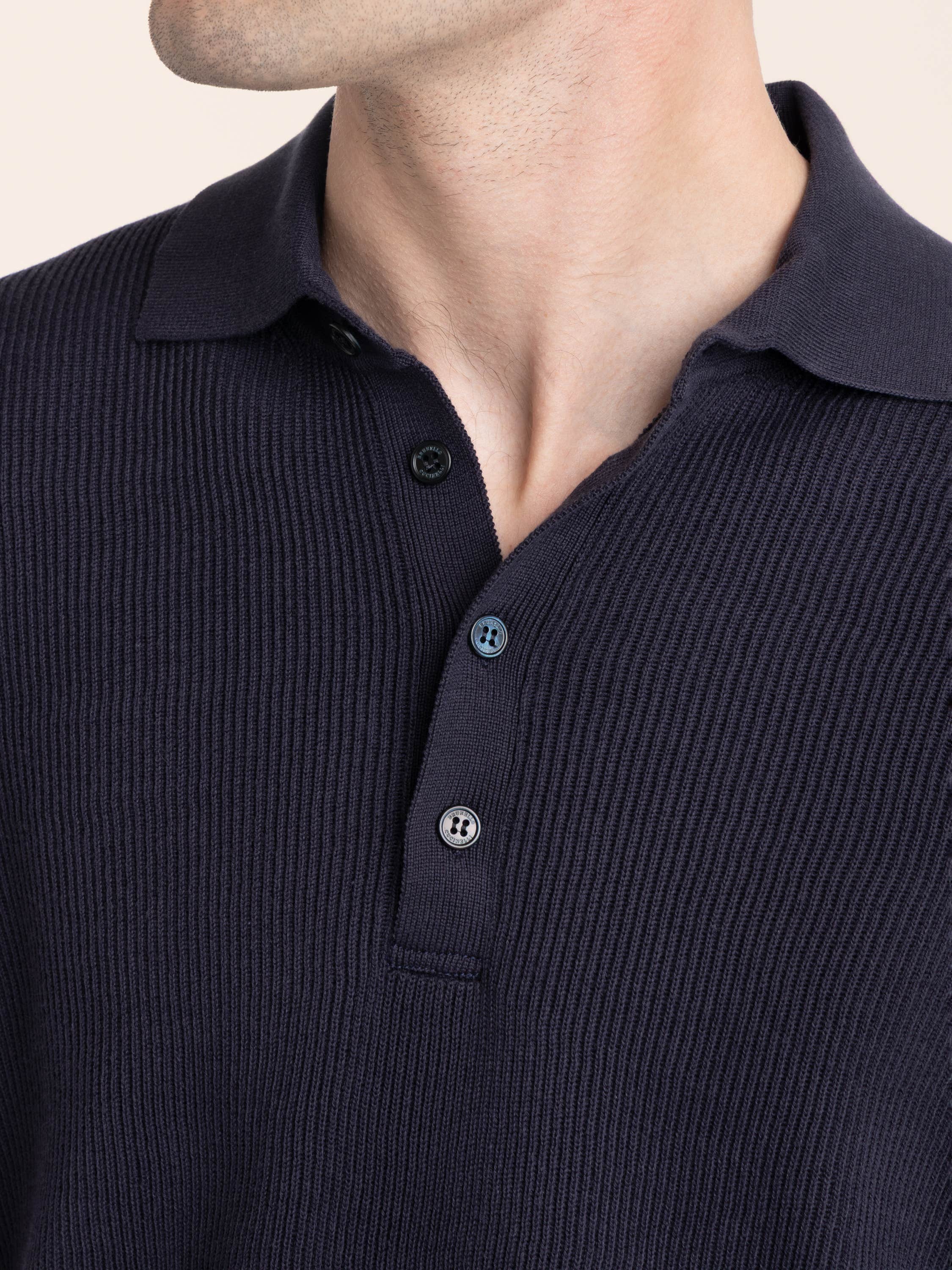 Dark Blue Cotton half English Rib Knit Polo Shirt
