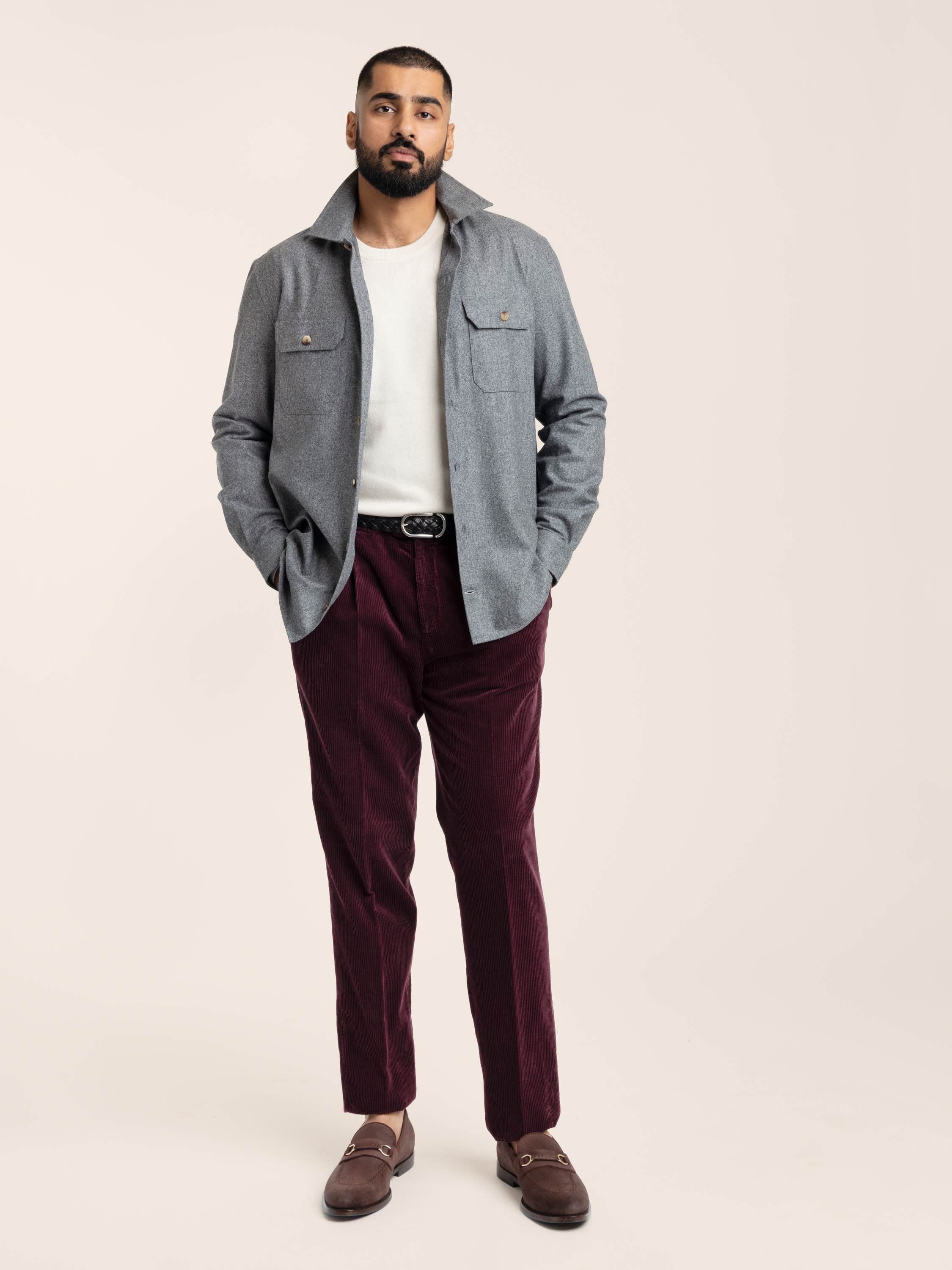 Dark Grey Wool Flannel Overshirt With Chest Pockets