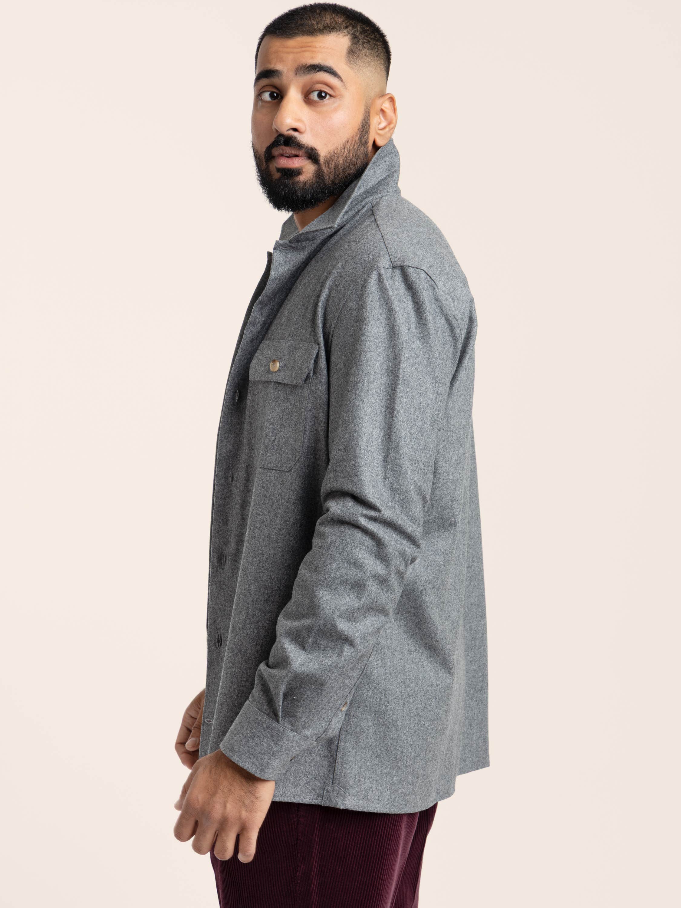 Dark Grey Wool Flannel Overshirt With Chest Pockets