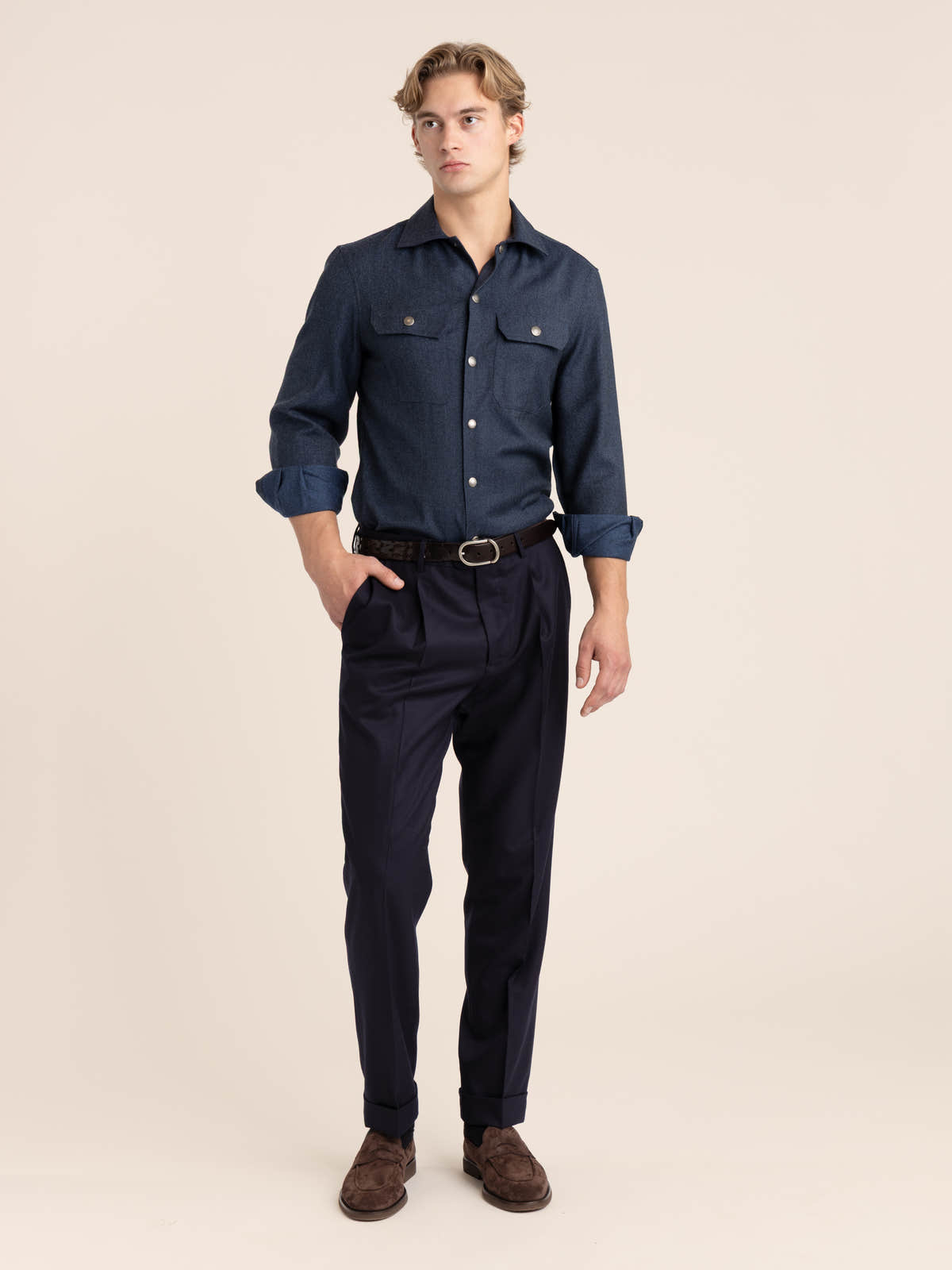 Denim Blue Virgin Wool Flannel Overshirt