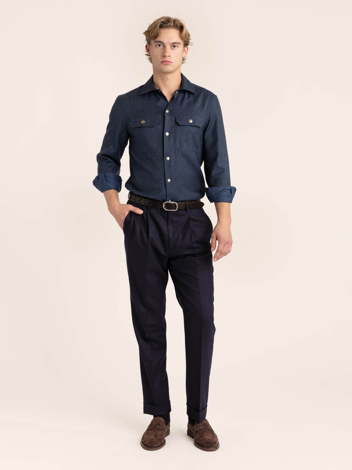 Denim Blue Virgin Wool Flannel Overshirt