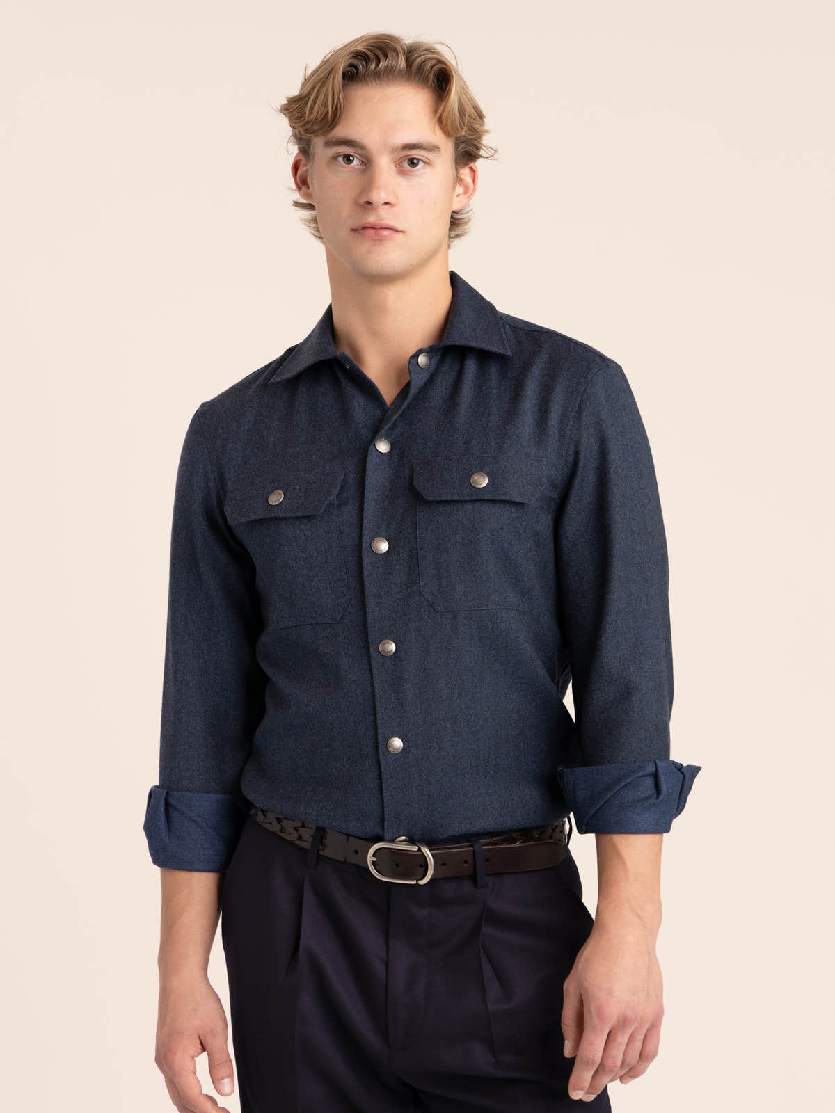 Denim Blue Virgin Wool Flannel Overshirt