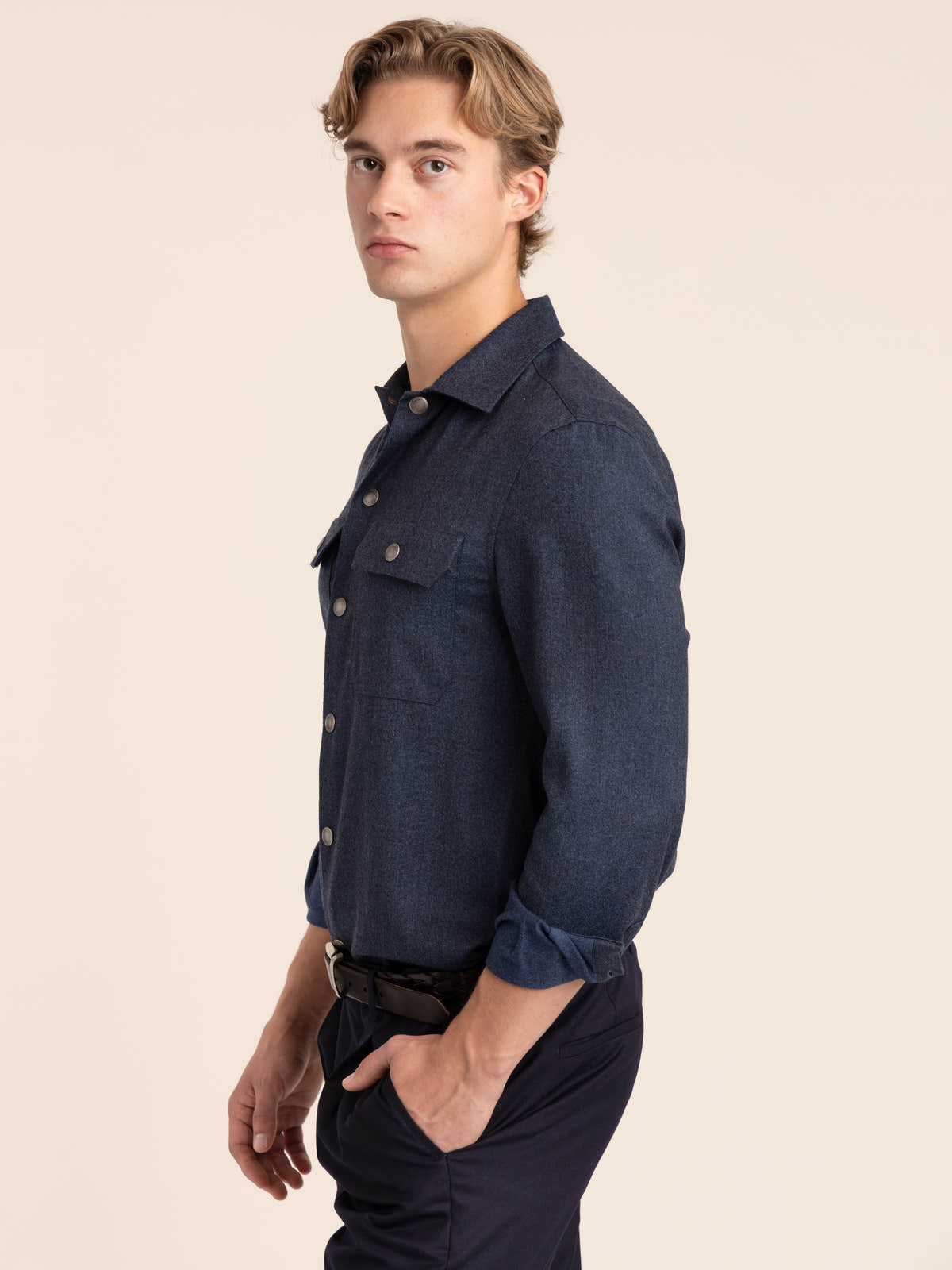 Denim Blue Virgin Wool Flannel Overshirt