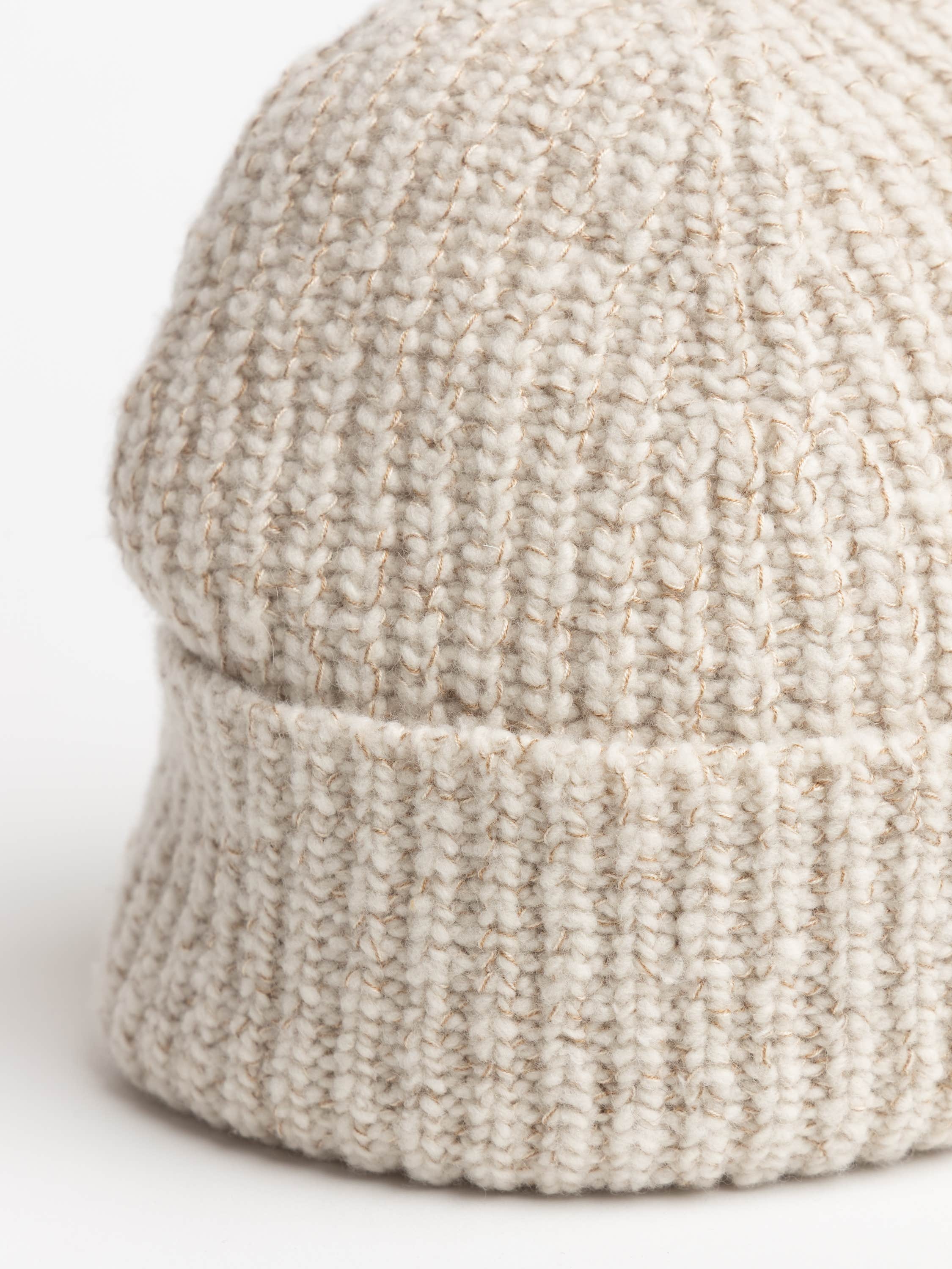 Ecru Wool, Silk and Cashmere English Rib Knit Chiné Beanie