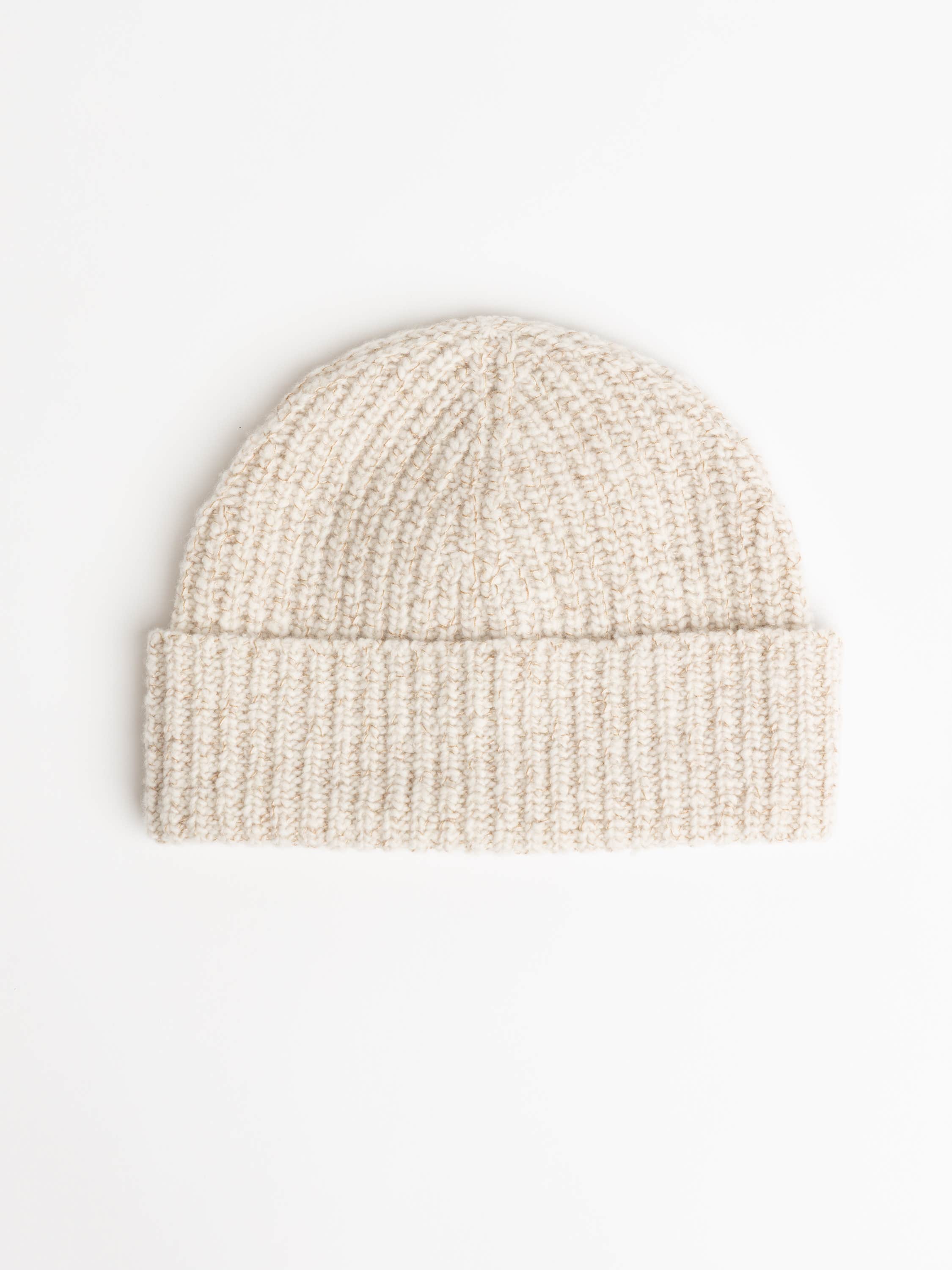 Ecru Wool, Silk and Cashmere English Rib Knit Chiné Beanie