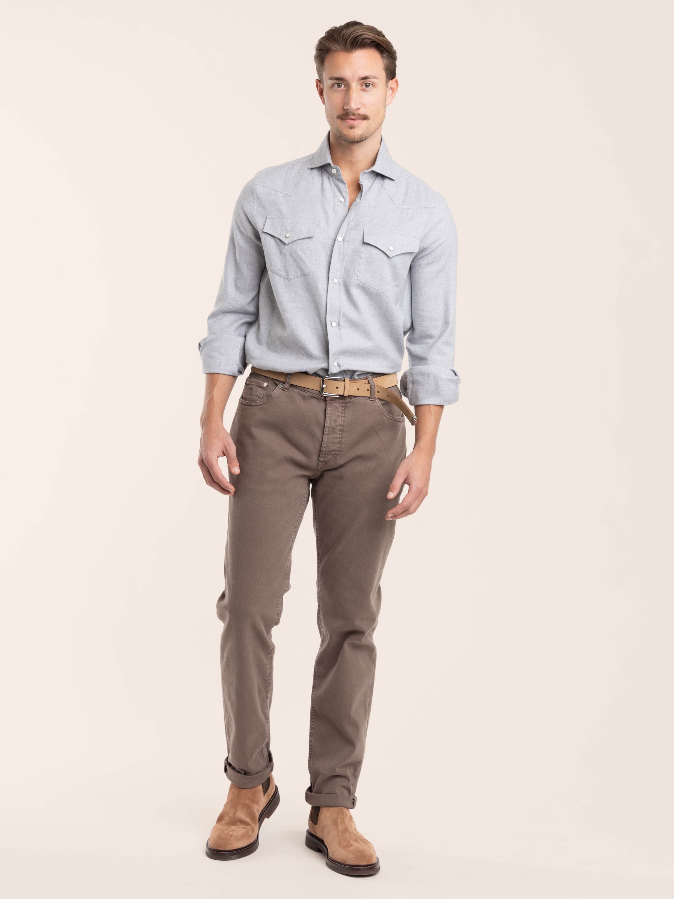 Grey Cotton Chevron Flannel Western Shirt