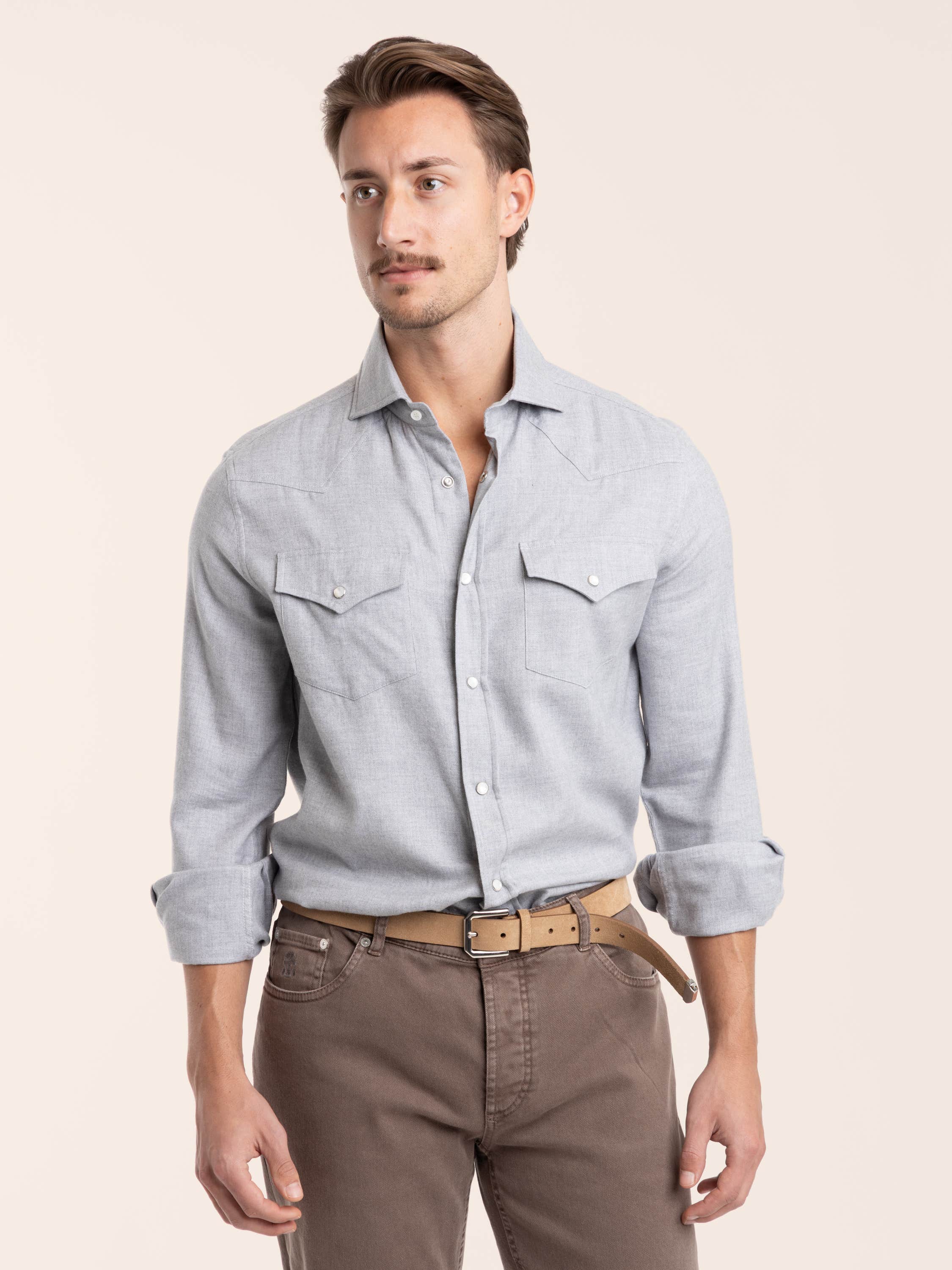 Grey Cotton Chevron Flannel Western Shirt