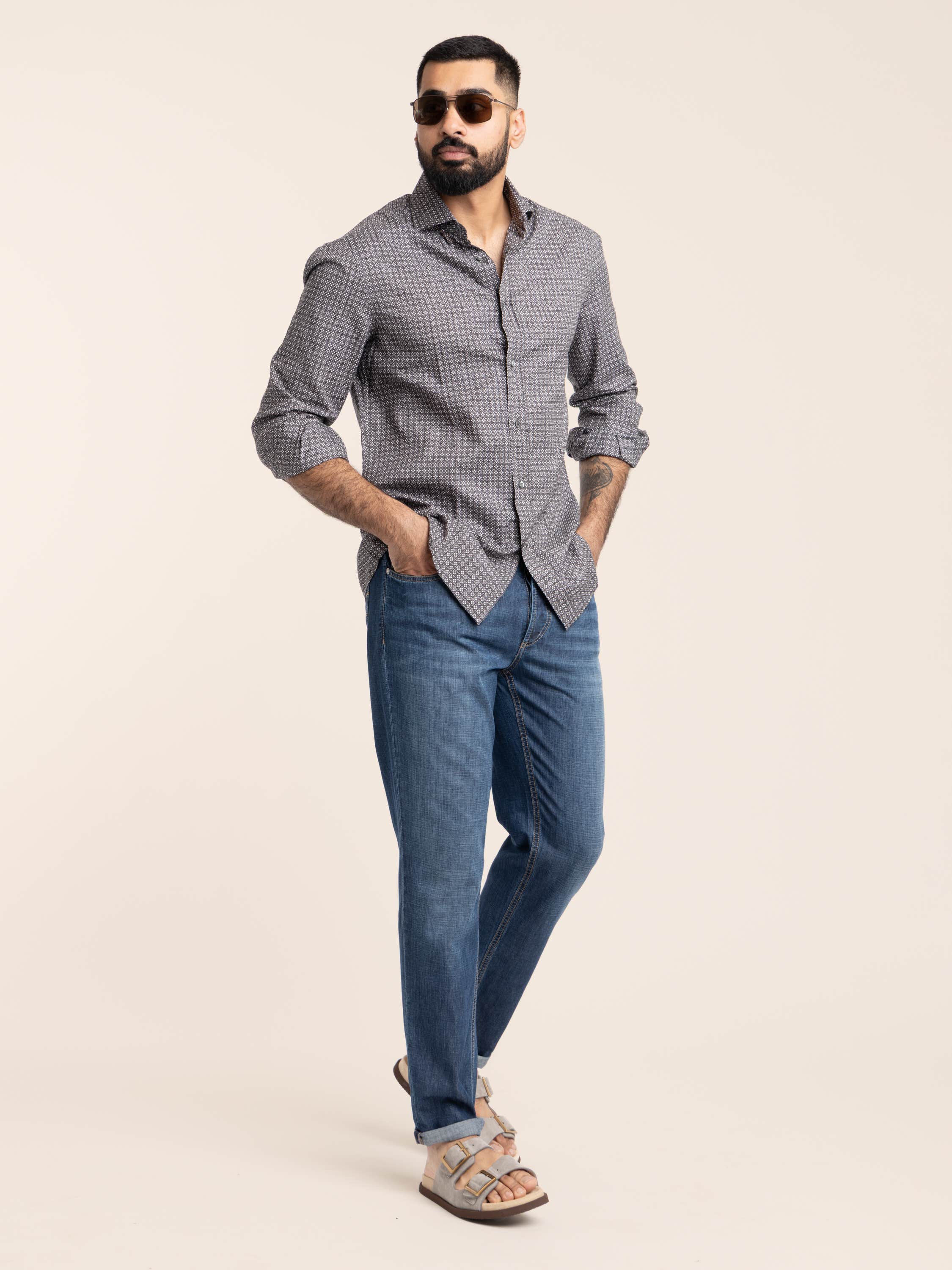 Grey Flower-Pattern Twill Shirt