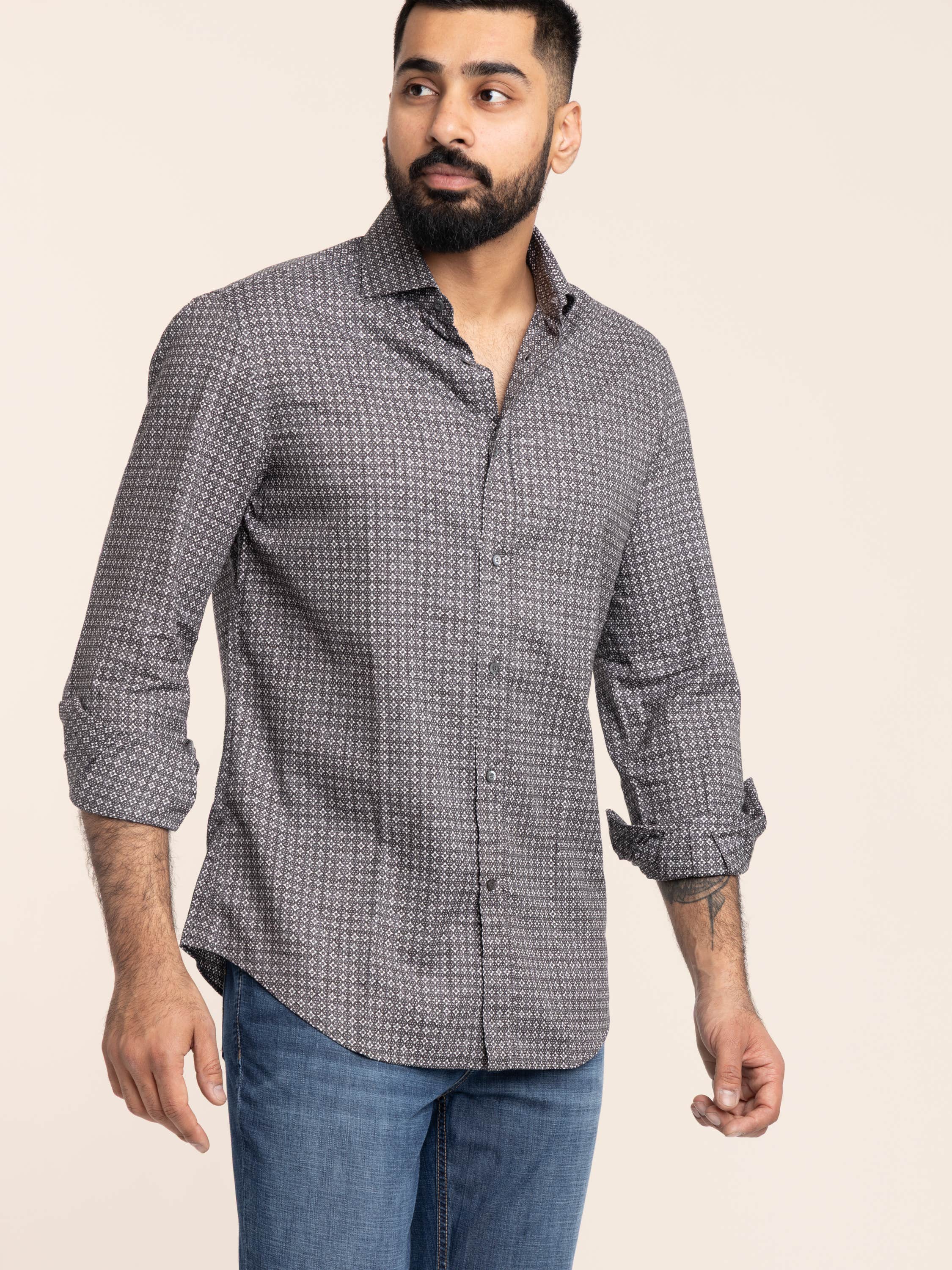 Grey Flower-Pattern Twill Shirt