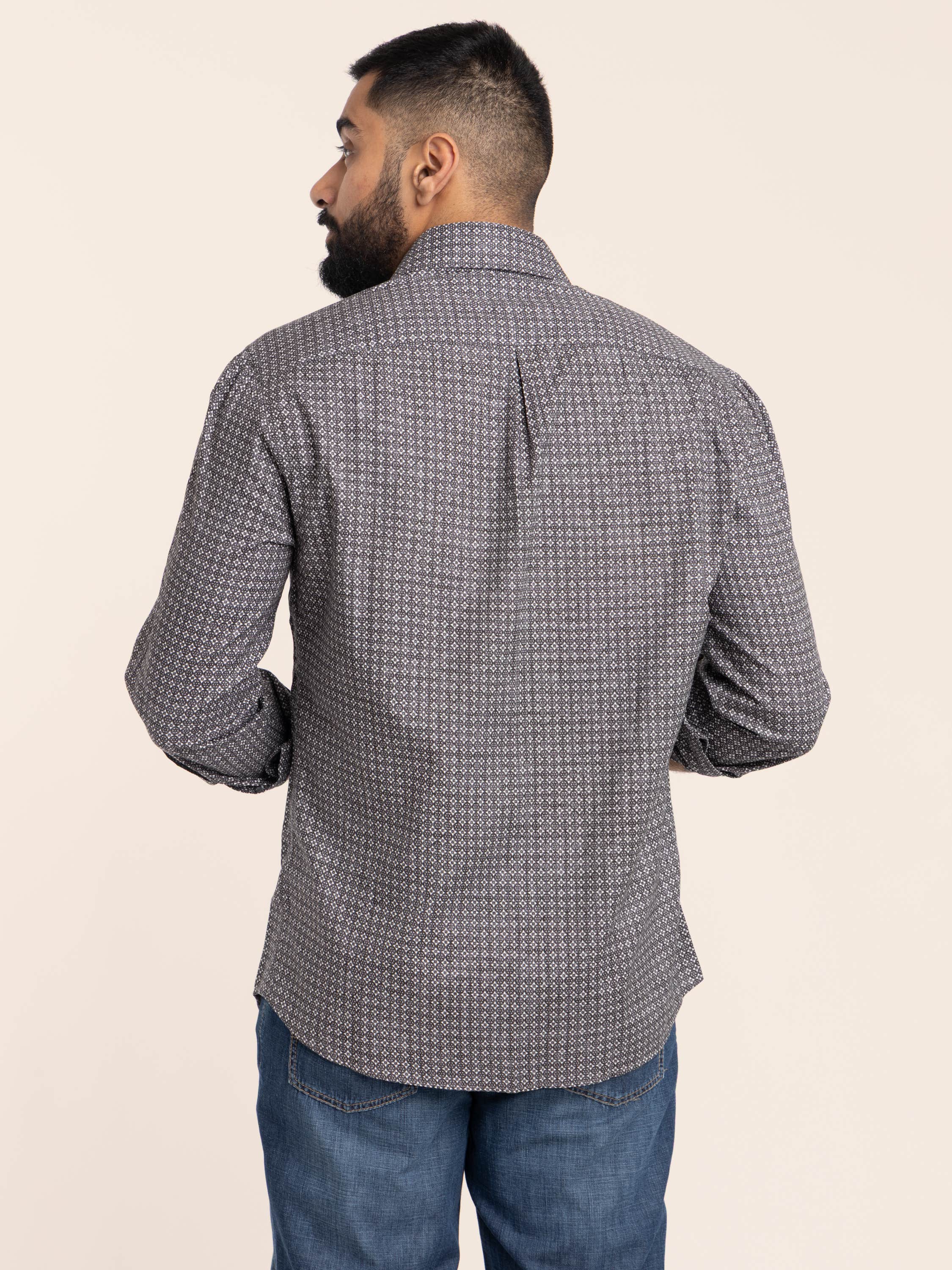 Grey Flower-Pattern Twill Shirt