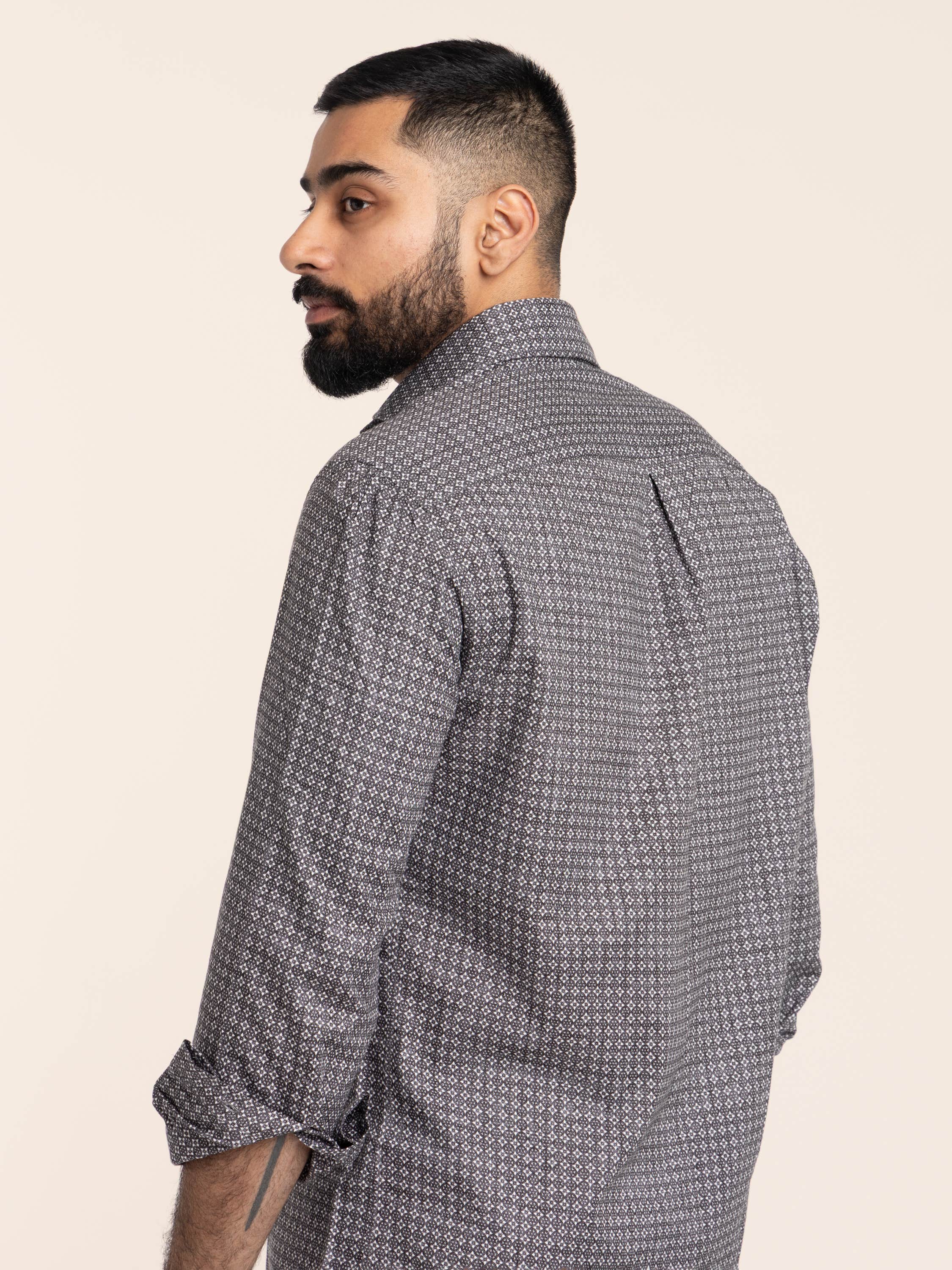Grey Flower-Pattern Twill Shirt